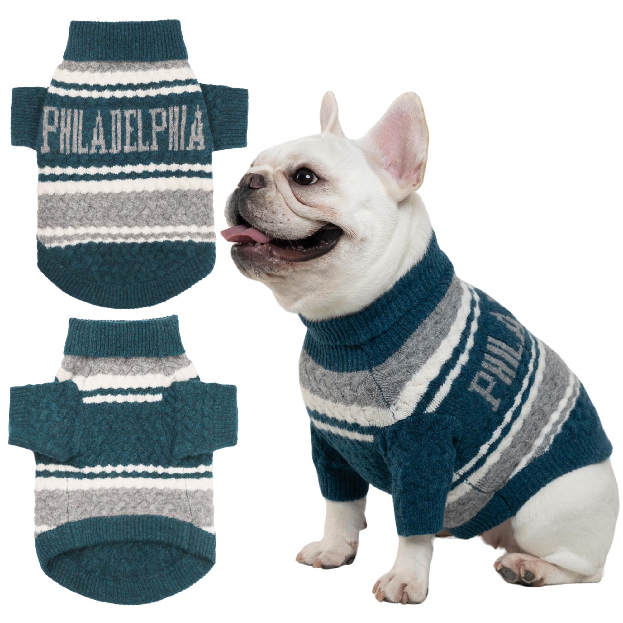 Suéter de punto con cuello alto y diseño de fútbol americano para mascotas pequeñas, ropa cálida de invierno para gatos y perros