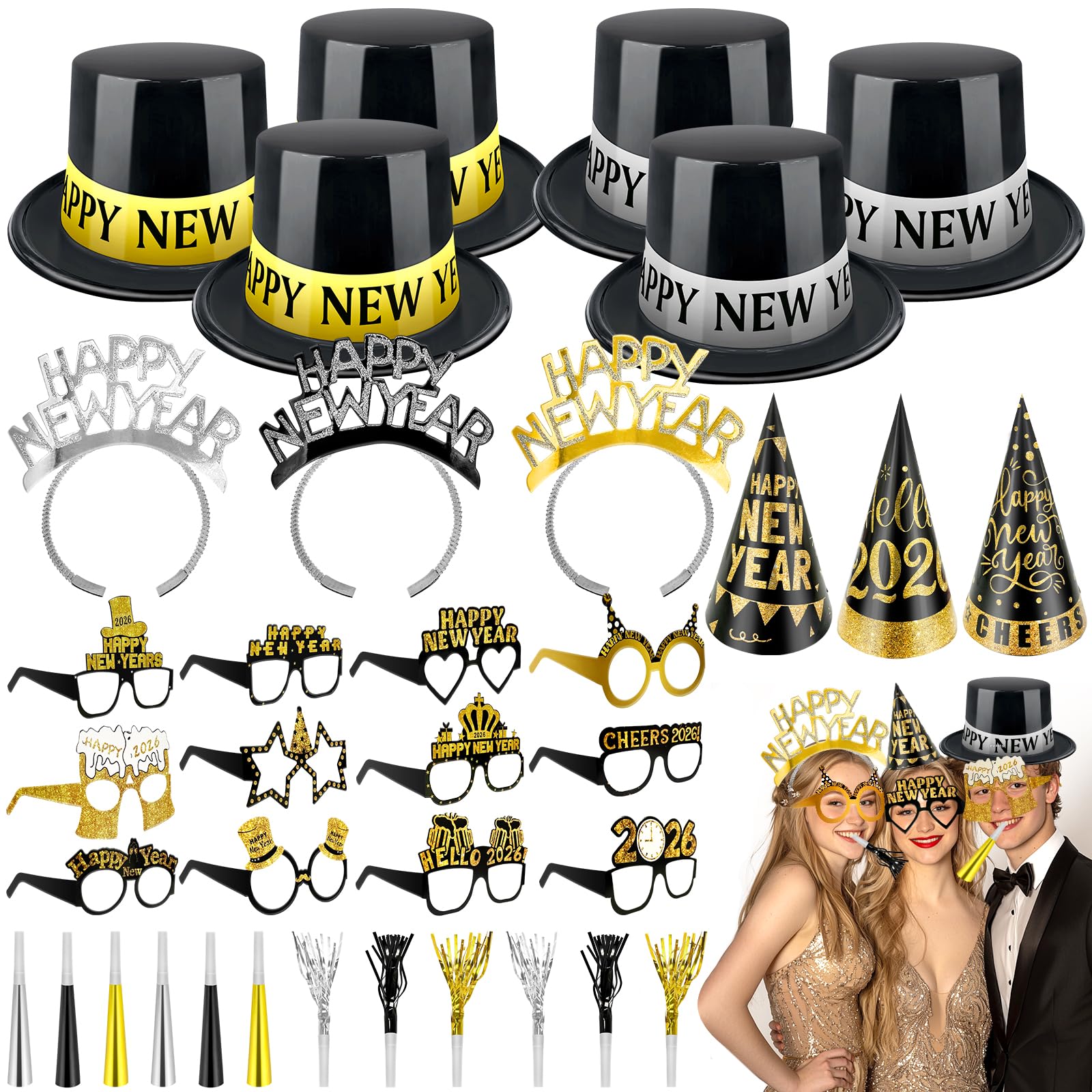 2026 New Years Eve Party Supplies, 36 Pcs Happy New Year Party Supplies Kit Serve 12, Including 6 Top Hats 3 Cone Hats 3 Tiara 12 Glasses 12 Noise