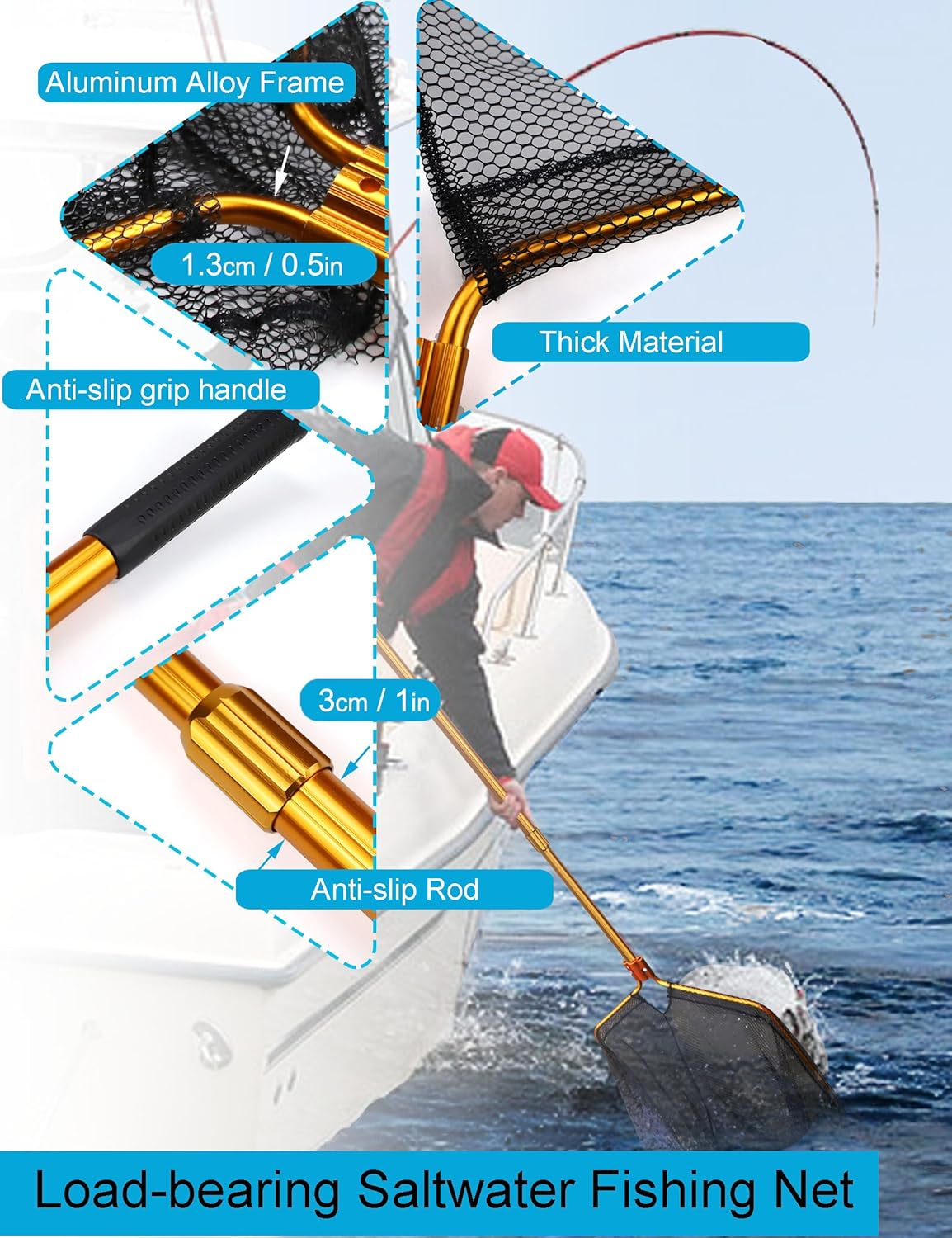 Beoccudo Extra Large Saltwater Fishing Net - 70.8"-105" Heavy Duty Telescopic Aluminum Handle, 37" Deep Snag-Free Rubber Mesh for Big Catfish Bass, Kayak Fishing Net with Carrying Bag