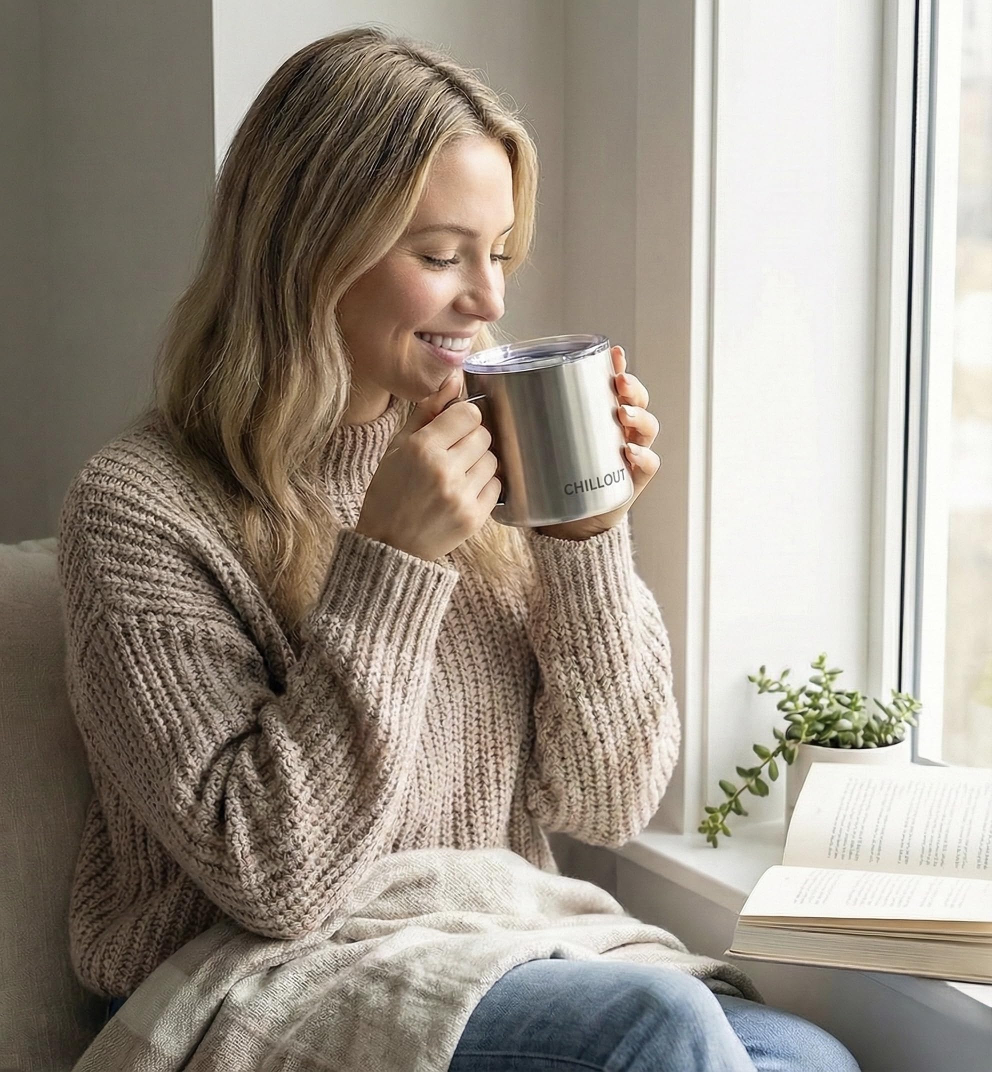 CHILLOUT LIFE Izolowany próżniowo kubek do kawy ze stali nierdzewnej 470 ml (zestaw 2 szt.) z uchwytem i pokrywką, duże termiczne kubki do kawy kempingowej z przesuwaną pokrywką, dla mężczyzn i
