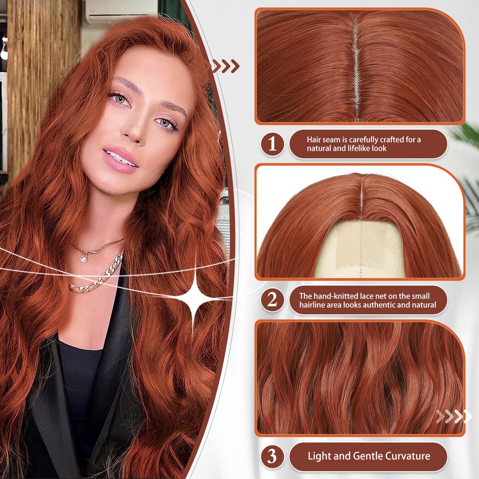 BUPPLER Cosplay Long Auburn Wig 28 Inch Middle Part Synthetic Wig Realistic Gifts Party Wigs for Women Daily Use Colorful Wigs (Auburn) - Image 4