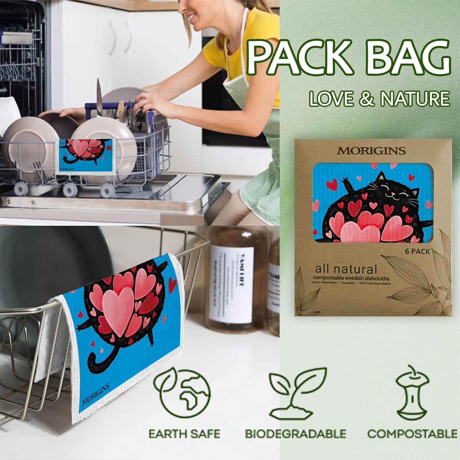 Morigins かわいい猫シリーズ スウェーデン風ふきん 再利用可能 吸収タオル バレンタインデー用 キッチン、バスルーム、カウン