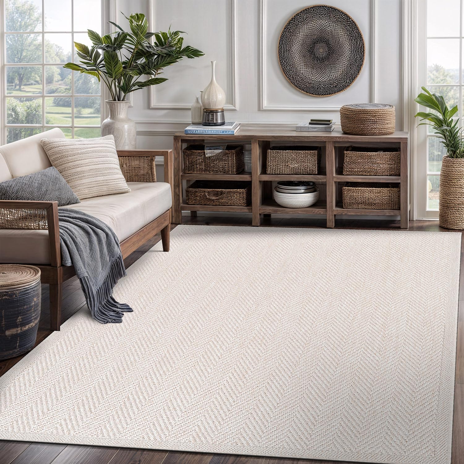 CAMILSON Easy Jute Rug 5x7, Indoor Outdoor Off-White Color Fiber Area Rugs for Living Room Patio and Kitchen Rug Herringbone Seagrass Woven Design