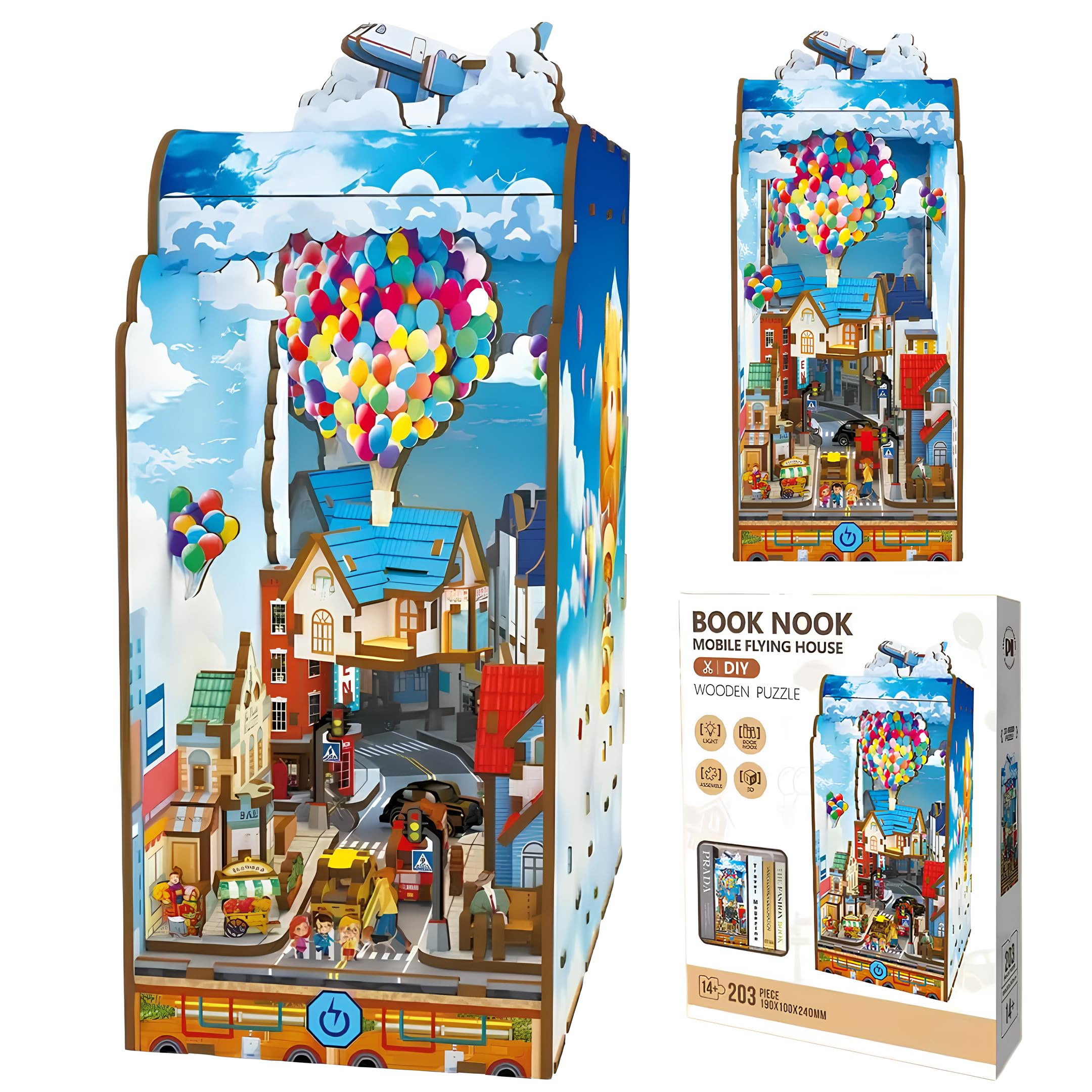Malau – 3D Book Nook Puzzle aus Holz mit außergewöhnlichem Design und Licht – Miniaturhaus-Bausatz zum Selberbauen DIY Diorama für Bücherregal oder Schreibtisch Buch (Mobile Flying House)