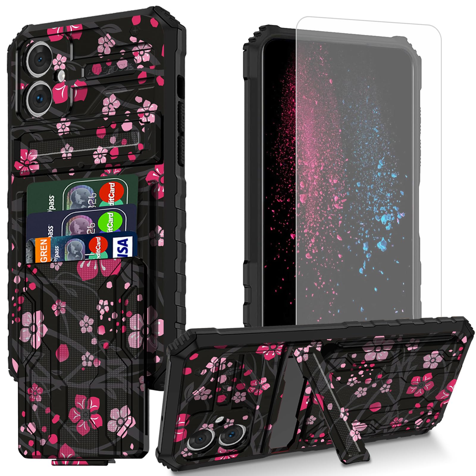BWEGRHE Pink Cherry Blossom Design for Samsung Galaxy A05 Case with Screen Protector, Built-in Detachable Card Slot Holder Wallet Case with Kickstand