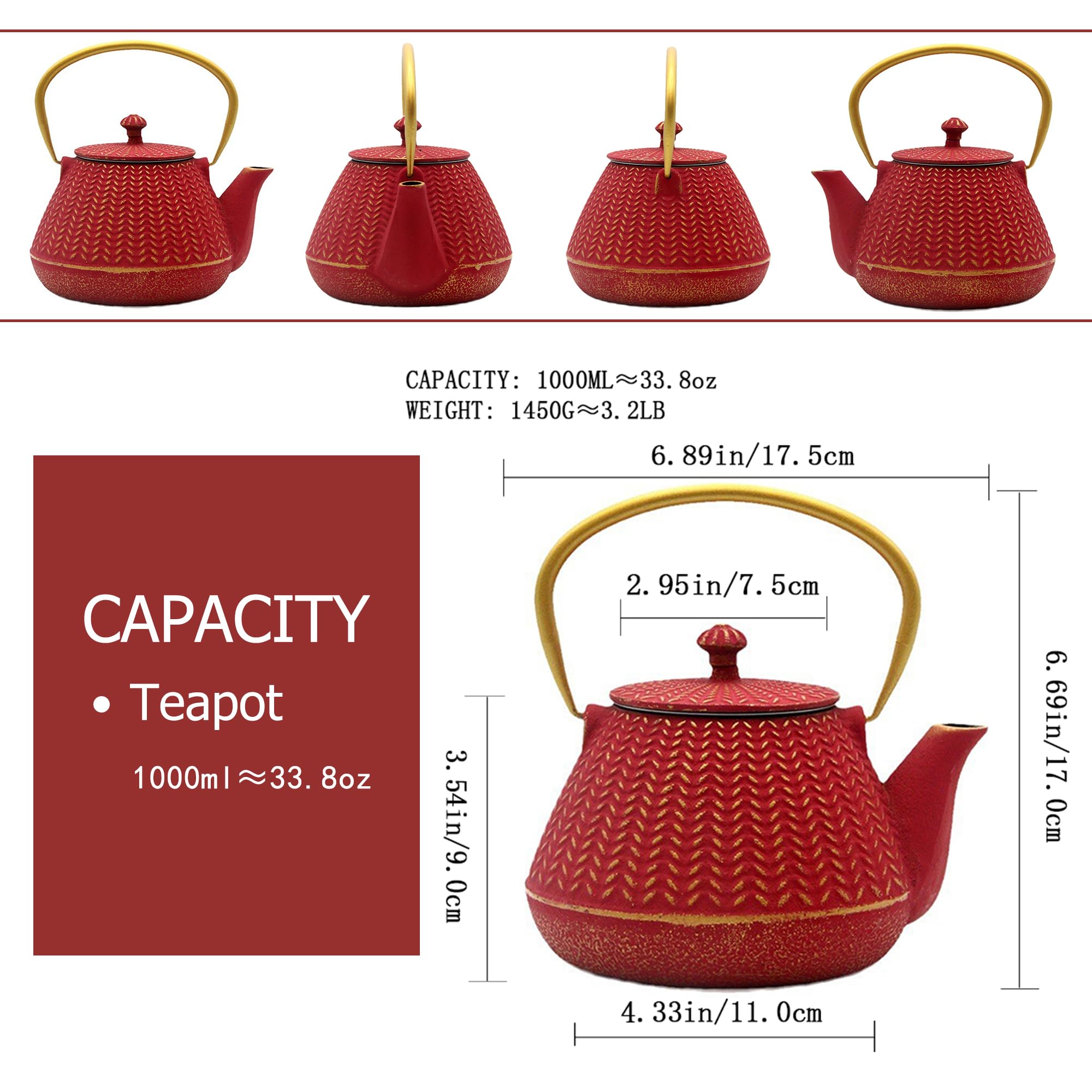 Tetera pequeña de hierro fundido para estufa, tetera roja recubierta con interior esmaltado, tetera duradera con infusor de acero inoxidable para hojas sueltas (1000 ml)