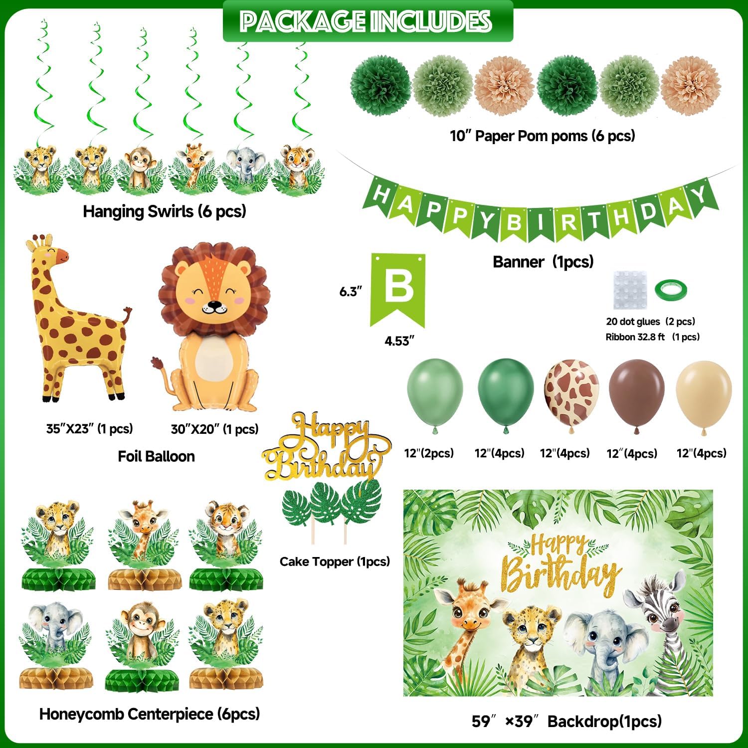 Jungle Safari Birthday Party Decorations - Safari Balloon Garland Arch Kit Animal Balloons Jungle Theme Safari Backdrop Banner Honeycomb Centerpieces Hanging Swirls Cake Topper