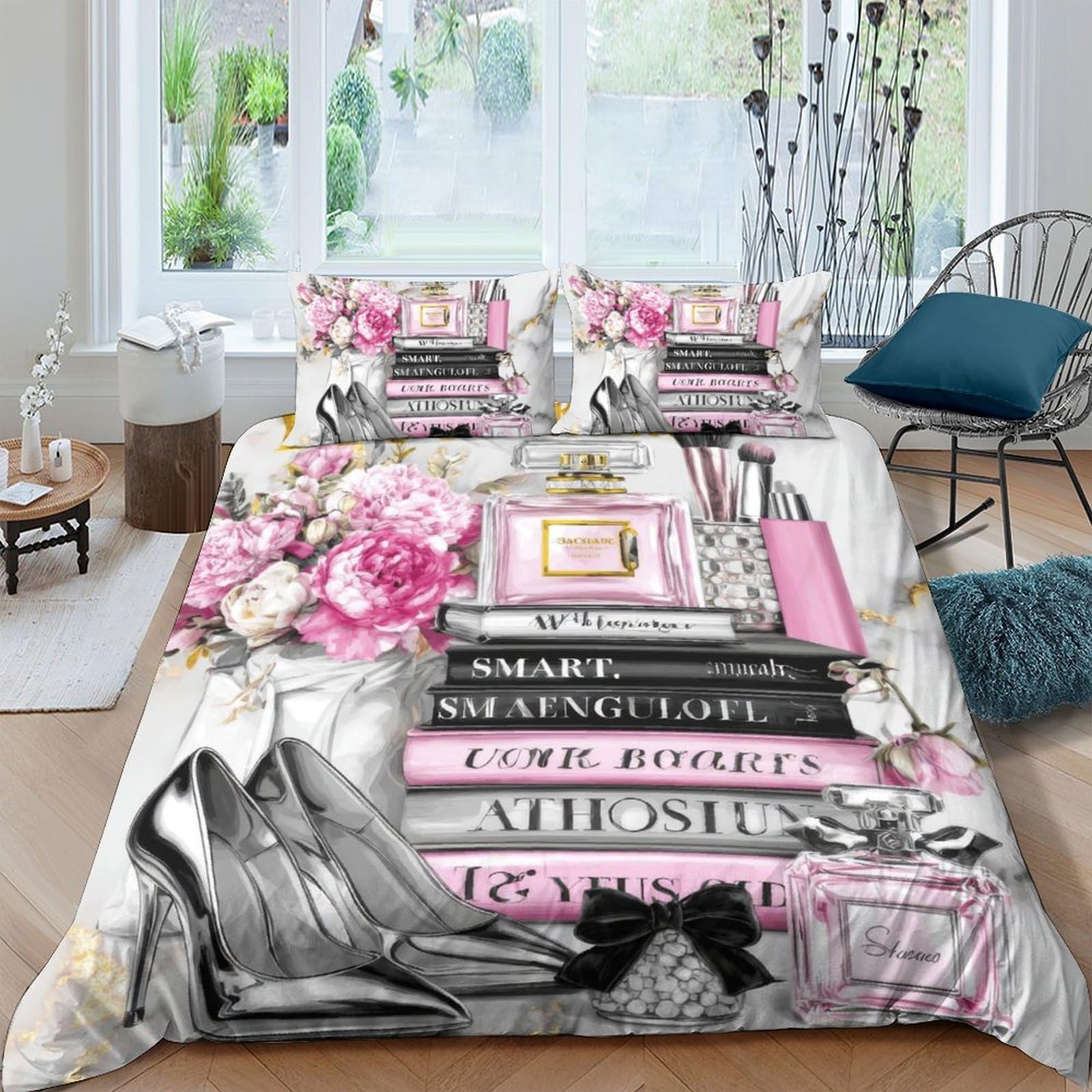 Ctjqhvkz Style-9 3D Printed Fashion Book Stack Fitted Sheet Microfiber Pink Floral Heels Mattress Cover For Bedroom Living Room Single（135X200cm）