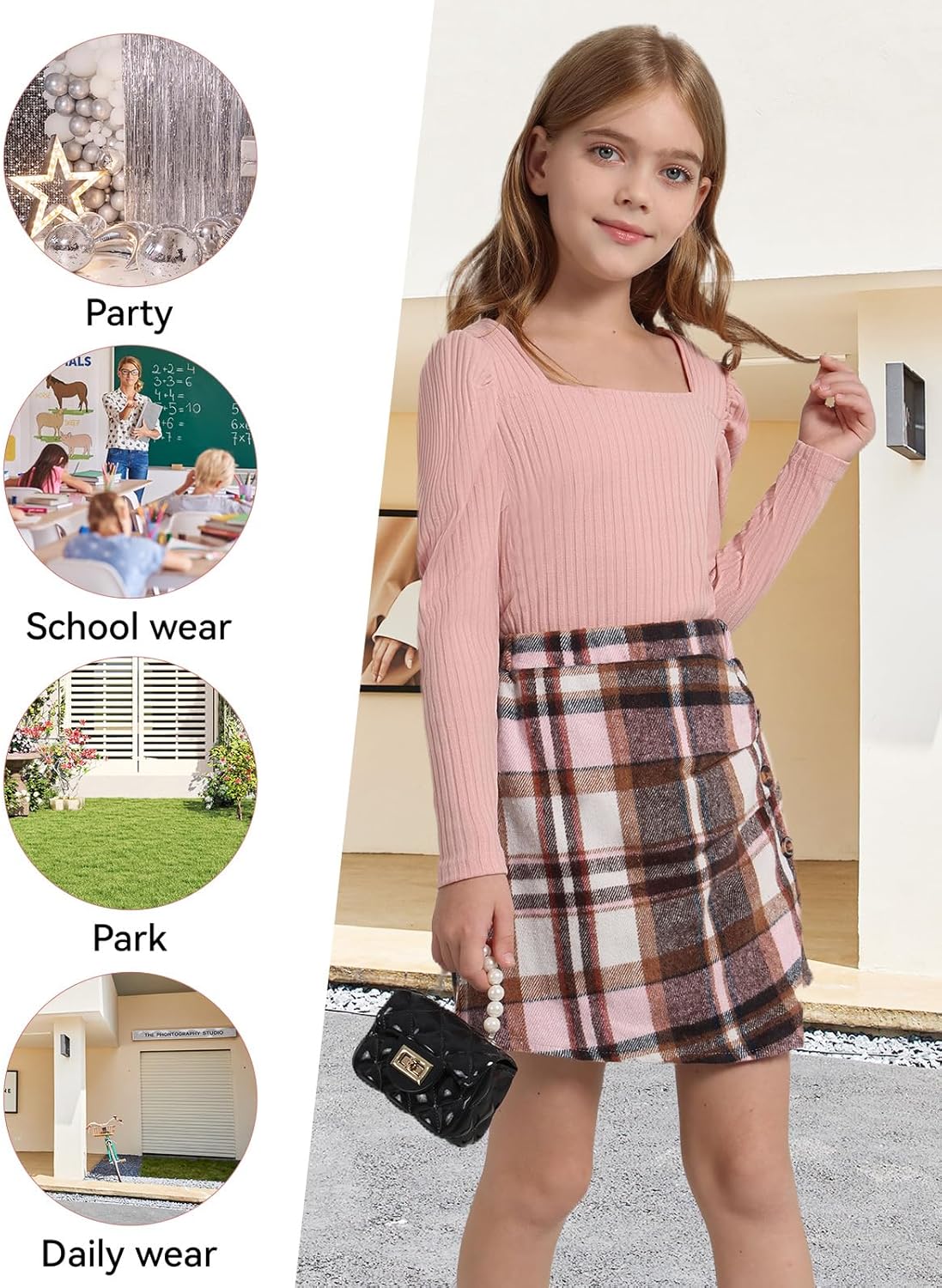 Girls Plaid Skirt Set A-Line Skort 2PCS Outfit Casual Square Neck Knit Puff Sleeve Shirt Top Fall Winter Clothes 7-14Y - Image 4