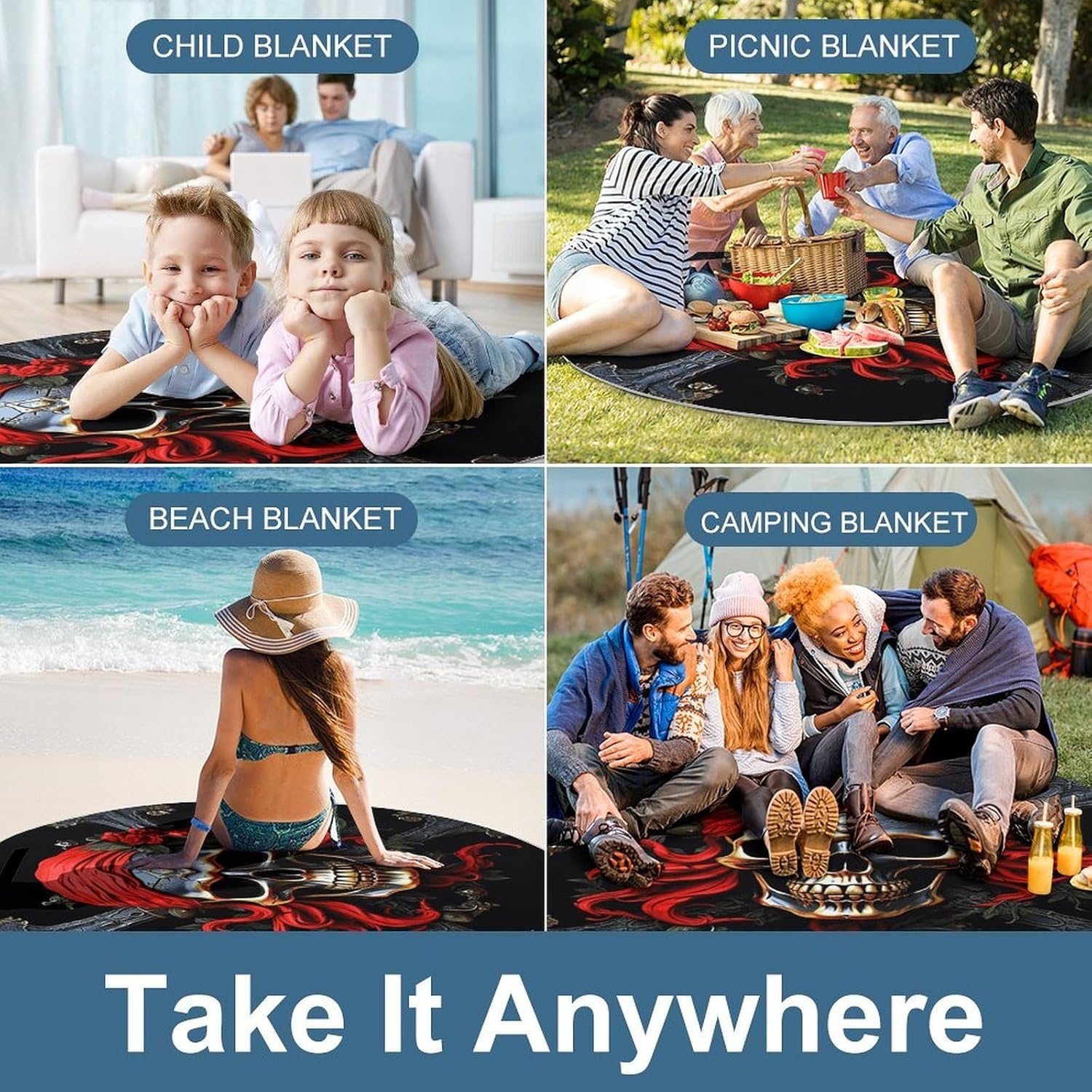 Pirate Skull Picnic Mat Lightweight Waterproof Picnic Blankets Extra Large Picnic Outdoor Blankets Foldable Sandproof Beach Blanket for Park Beach Camping Courtyard 58.3''x58.3''