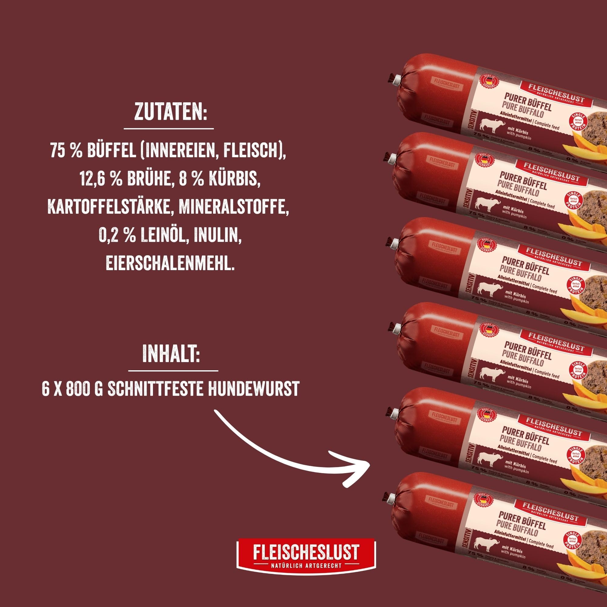 Fleischeslust Hundewurst, Purer Büffel mit Kürbis als Futterbox (6x800g), Sensitive Nassfutter-Wurst schnittfest & getreidefrei, Hundefutter für ausgewachsene Hunde
