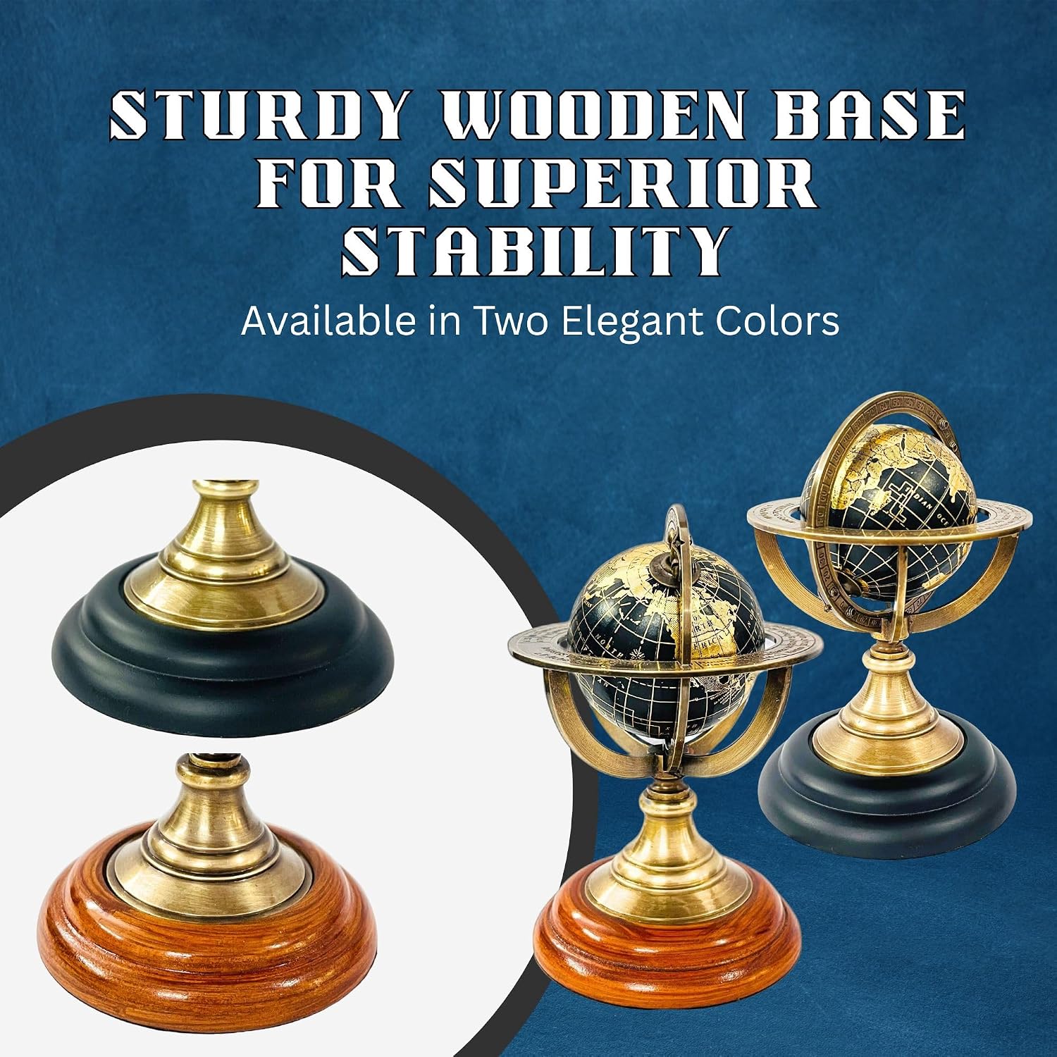 5.10" Nautical Brass Armillary Sphere World Globe with Jet Black Map & Black color Wooden Base – Elegant & Durable Decorative Accent for Home or Office