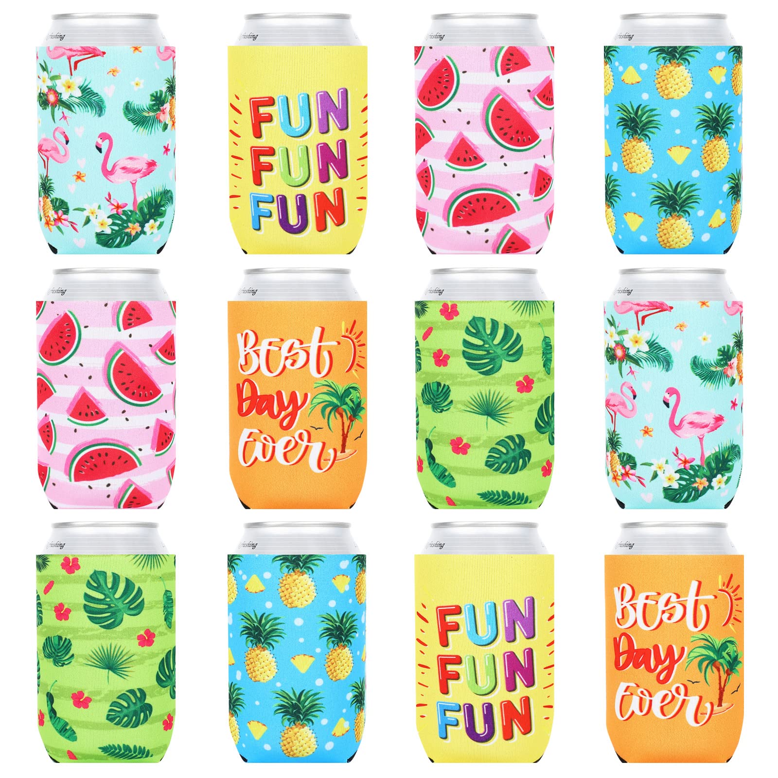 Whaline 12Pcs Summer Hawaiian Can Sleeves Reusable Cooler & Insulated Can Sleeves Beer Can Cooler Covers Collapsible Insulator Drink Sleeves for 12oz