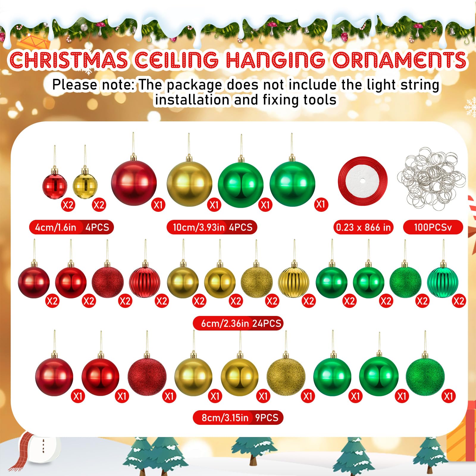 Halloscume Weihnachts-Lichterkette für Flure, Deckenleuchten, Dekorationen, 19,8 m, LED-Lichterkette mit Fernbedienung, 63 Weihnachtskugeln, Ornamente, DIY, Urlaub, Party, Veranda-Dekoration