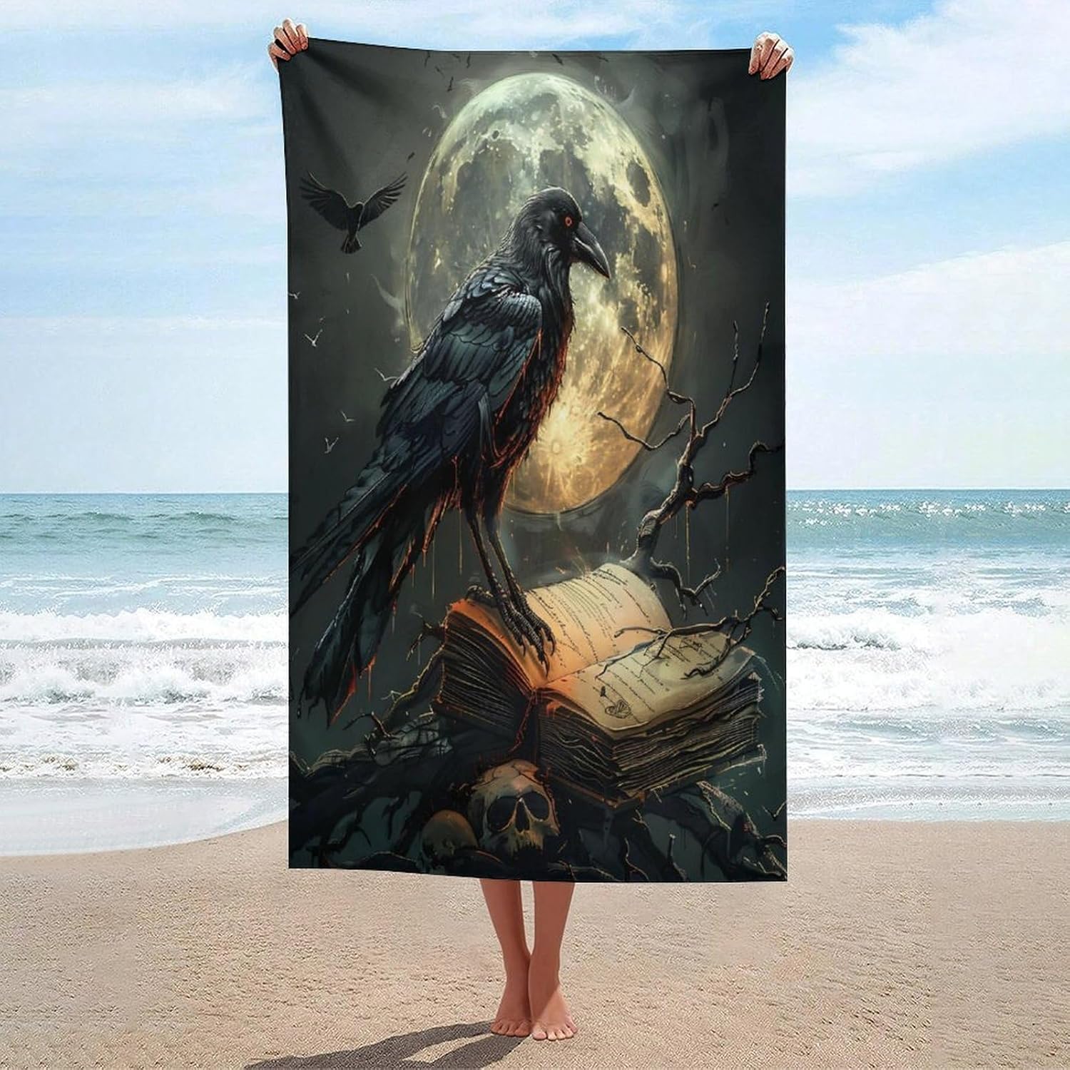 Raven Skull Witchcraft Bath Towel Beach Towels Quick Dry Oversized Bath Blanket Highly Absorbent Towel for Women Men 160x80cm