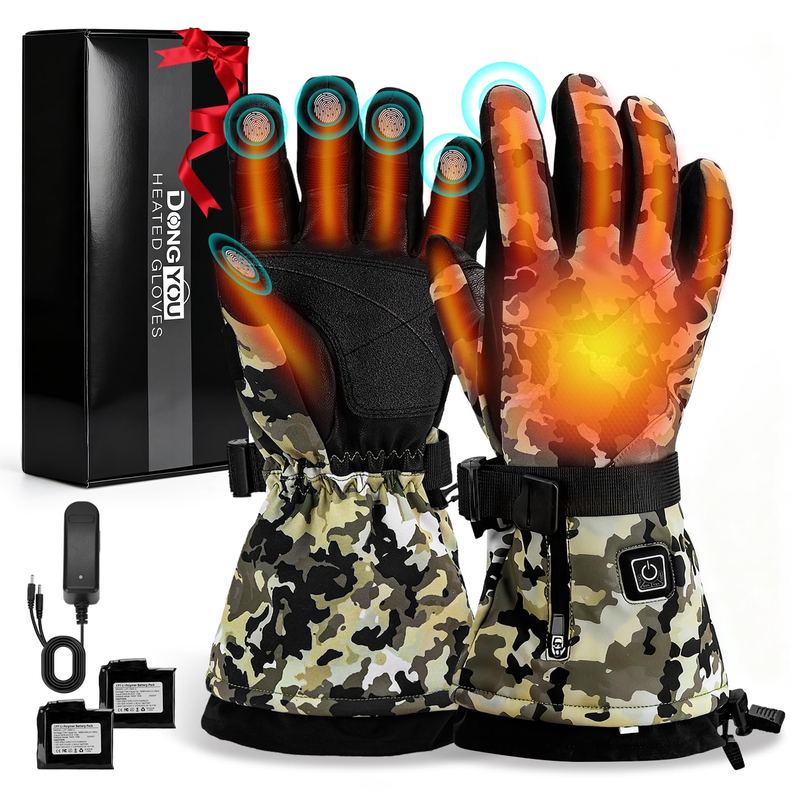 Lychee Guanti riscaldati ricaricabili Camouflage, guanti riscaldati elettrici impermeabili e antivento da 7,4 V e 22,2 Wh, guanti da campeggio