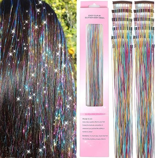 Clip in Hair Tinsel 12 Pcs Hair Tinsel Kit for Girls 22 Inch Glitter Fairy Hair Extensions Colorful Heat Resistant Party Festival Accessories for Women Kids(3- Colors)