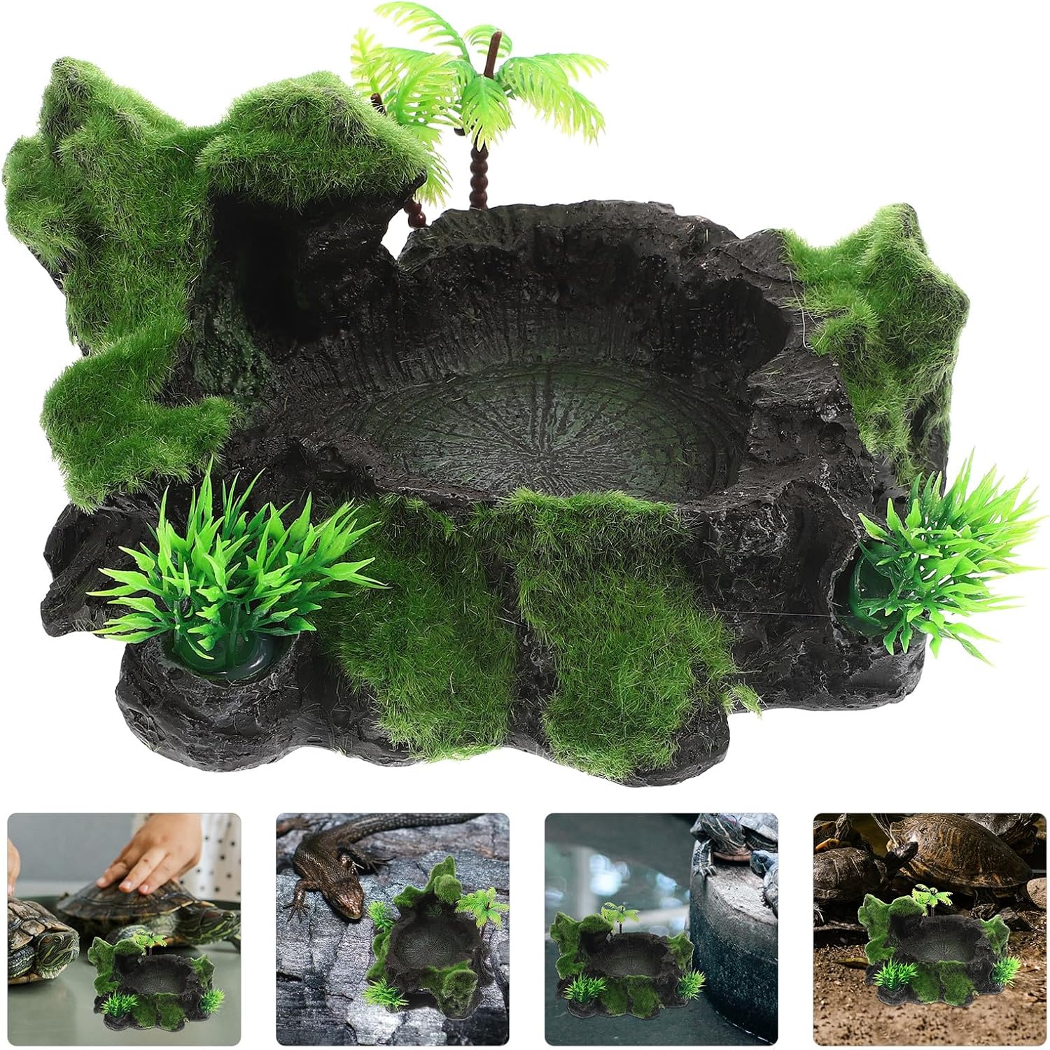 Alipis Natural Resin Reptile Feeding Bowl with Flocking Wood Stake, Sturdy Water Dish for Terrarium Habitat, Safe Snack Accessory for Turtles, Geckos, and Lizards