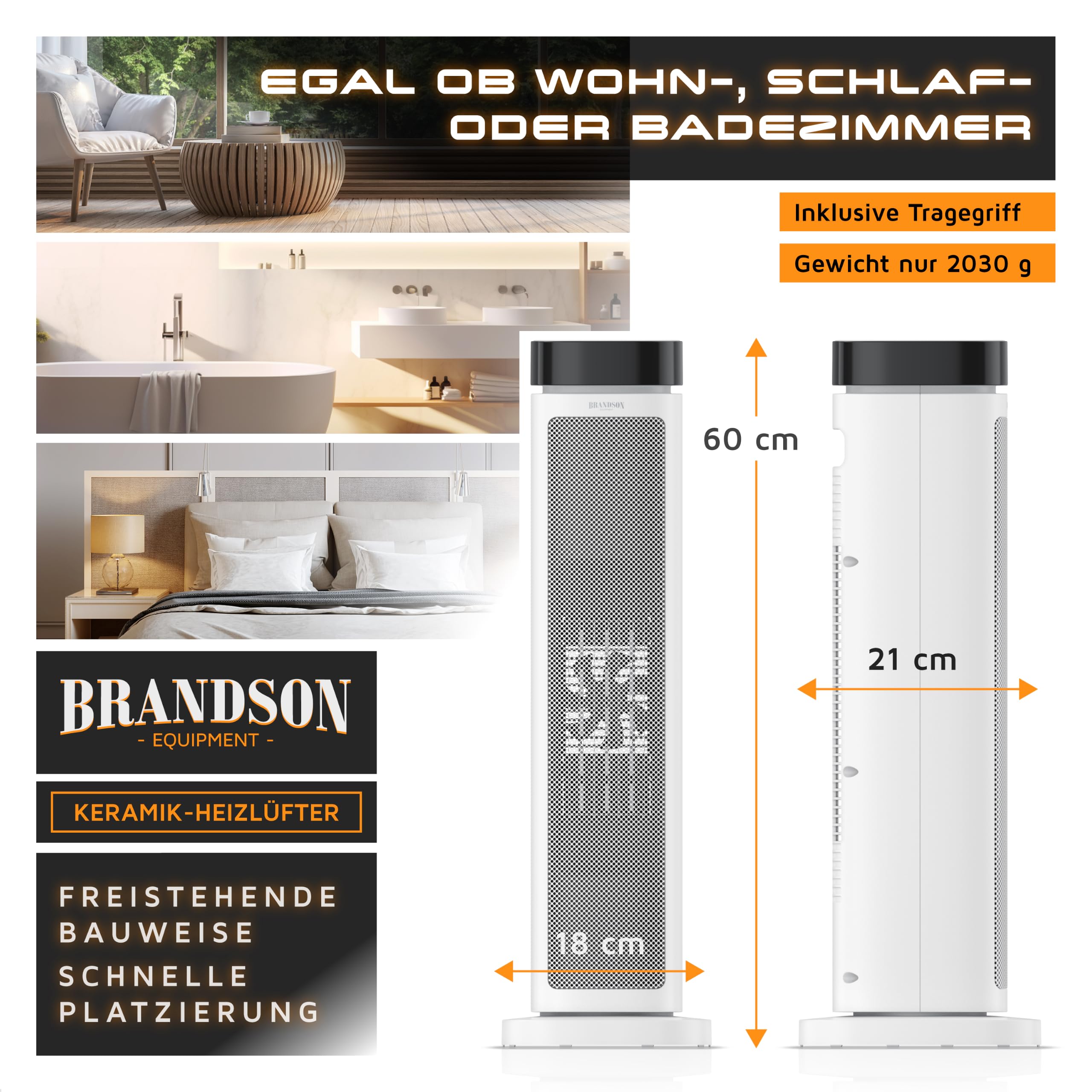 Brandson - Heizlüfter mit Fernbedienung - energiesparend ECO Modus – 2000 Watt Heater - mit Oszillation - 2 Heizstufen - Überhitzungs- und Umkippschutz - Badezimmer Schlafzimmer Baby Kinderzimmer