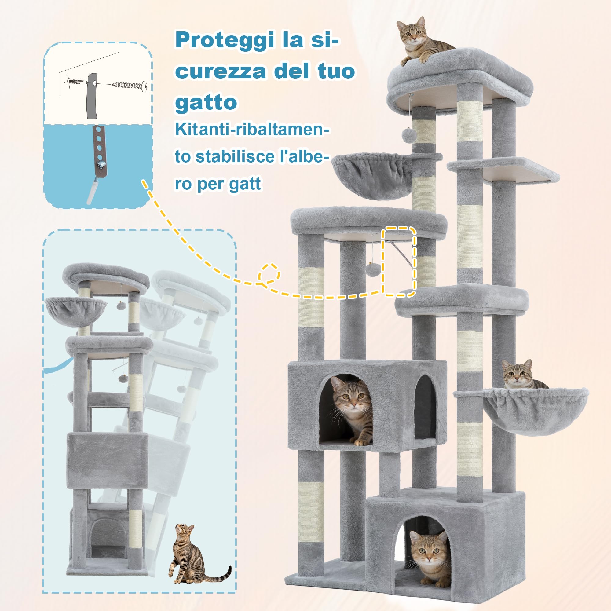 Hey-brother Tiragraffi per Gatti, con 3 Piattaforme, 2 Cucce, MPJ84W