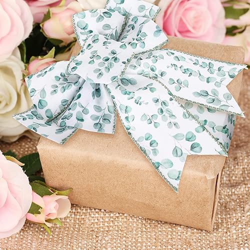 Miniatura 6 de AnyDesign Cinta de borde con alambre de 24 yardas, con patrón de eucalipto, hojas verdes, cinta decorativa para primavera, verano, corona, lazo,