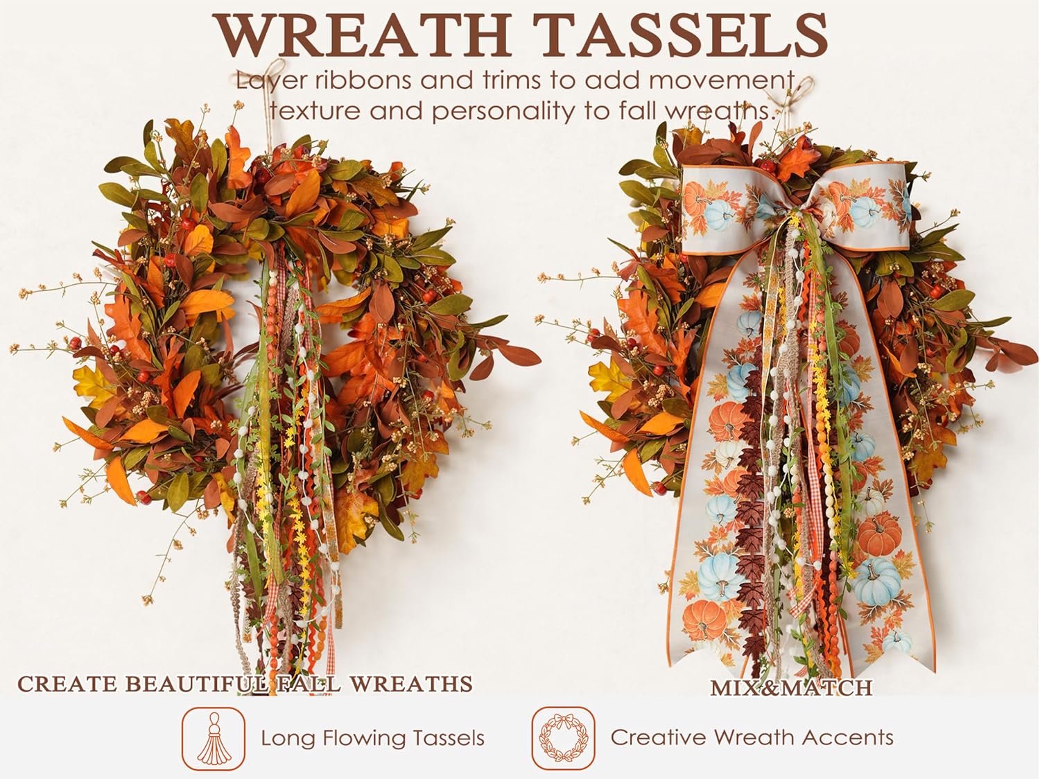 HUIHUANG Fall Ribbons & Trim Set for Autumn Crafts 10 Rolls x 42 Yards