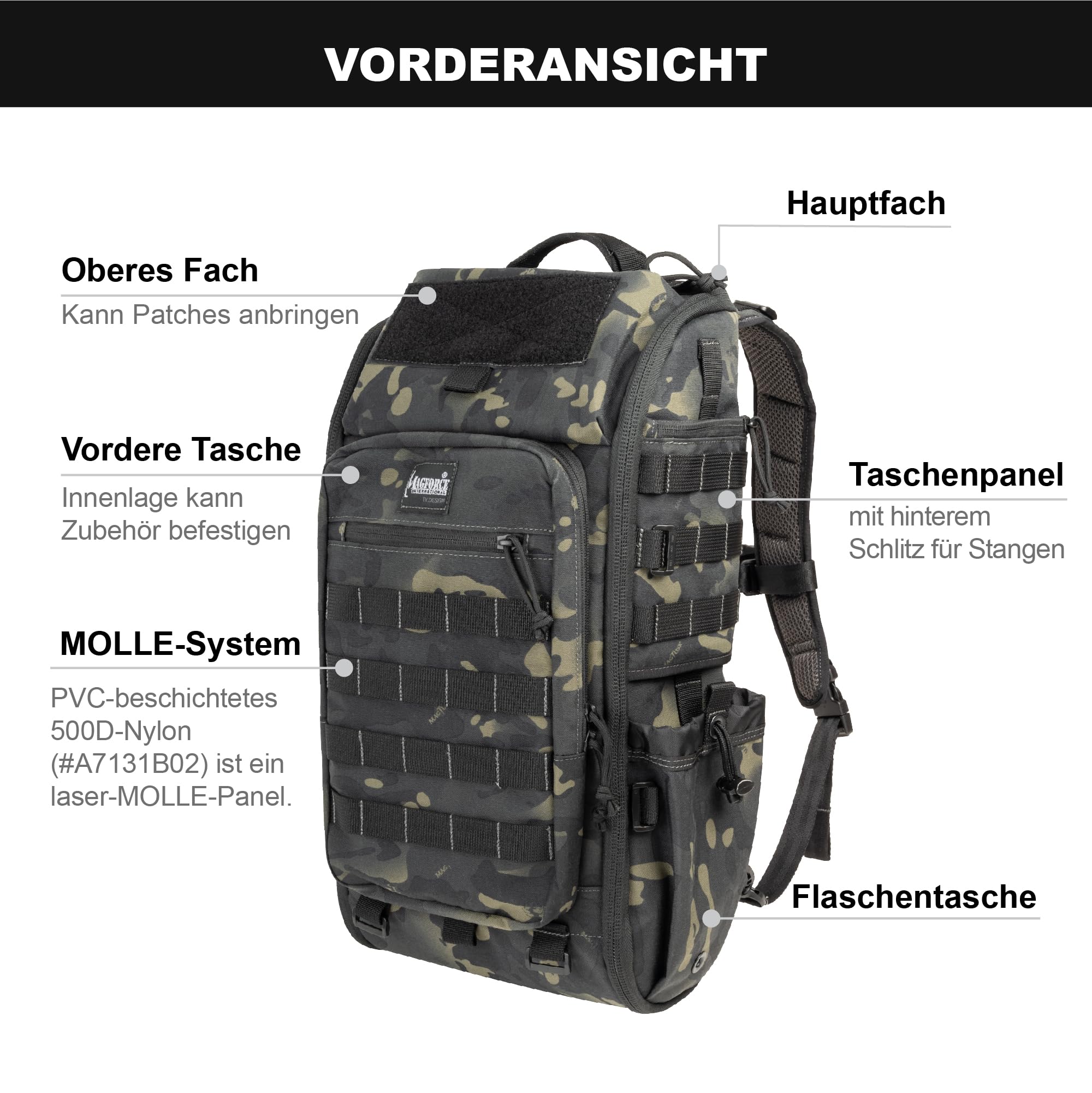 Magforce Tactical Raider - Mochila militar Molle de 25 litros, ligera y compresible, nailon balístico, compartimento para portátil, mochila de senderismo al aire libre con muchos bolsillos y correa
