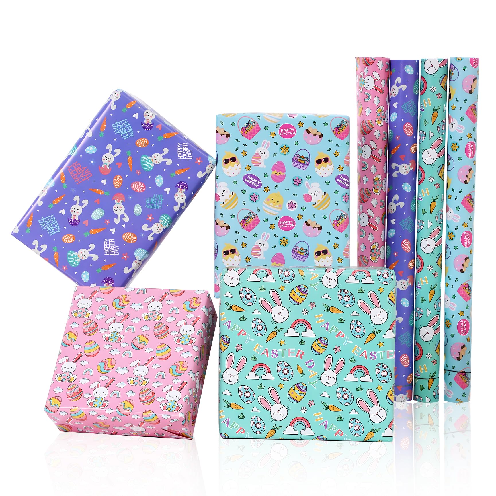 Qaziuy Easter Egg Bunny Gift Wrap Paper, 8 Sheets, 50 x 70cm, Multicolor, Easter Occasion