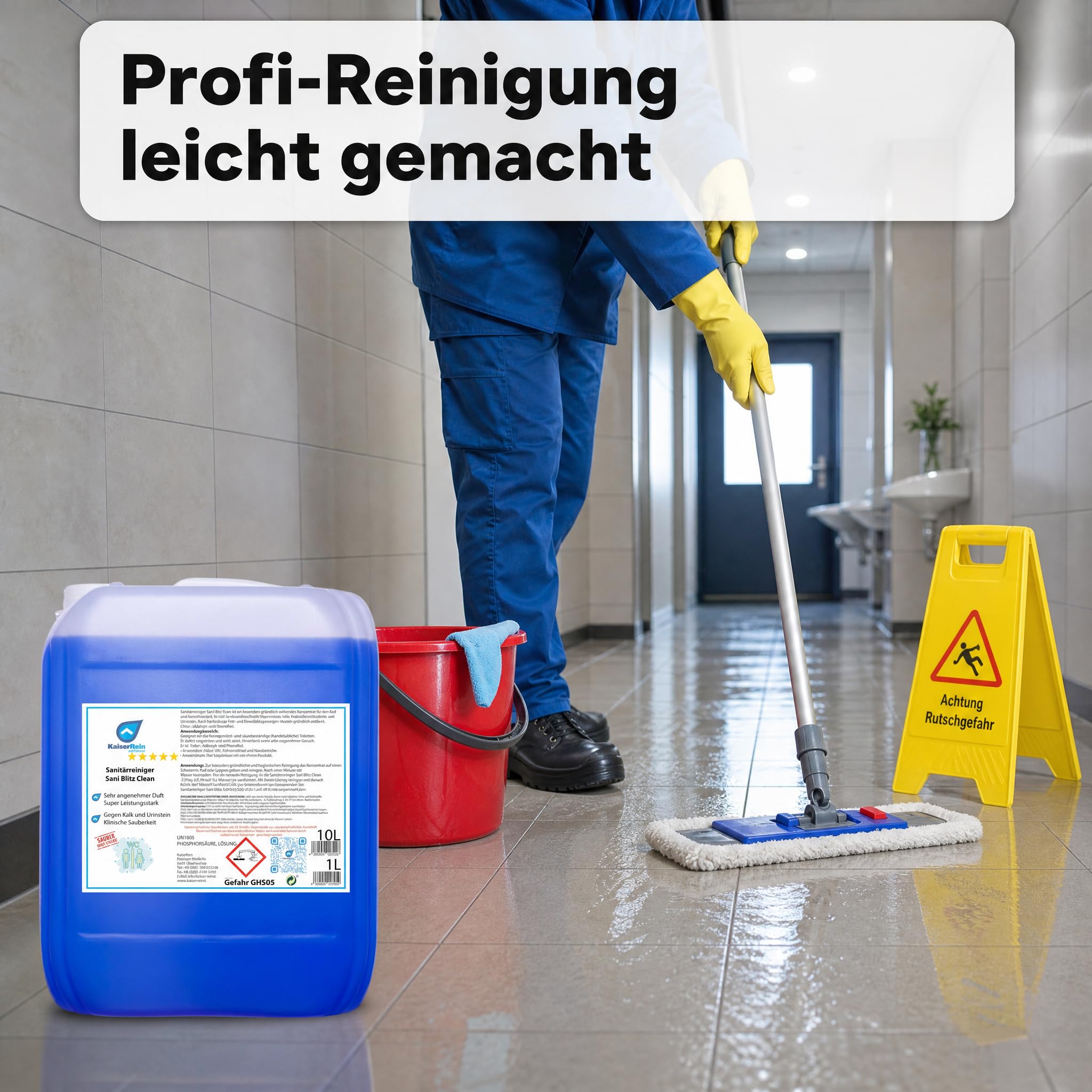 KaiserRein WC Reiniger Sani Blitz Clean, extra starker Profi-Sanitärreiniger & Urinsteinentferner, Konzentrat im 10 L Kanister, löst Kalk, Wasserstein & Kalkseifen, für Bad, Dusche, WC, Fliesen