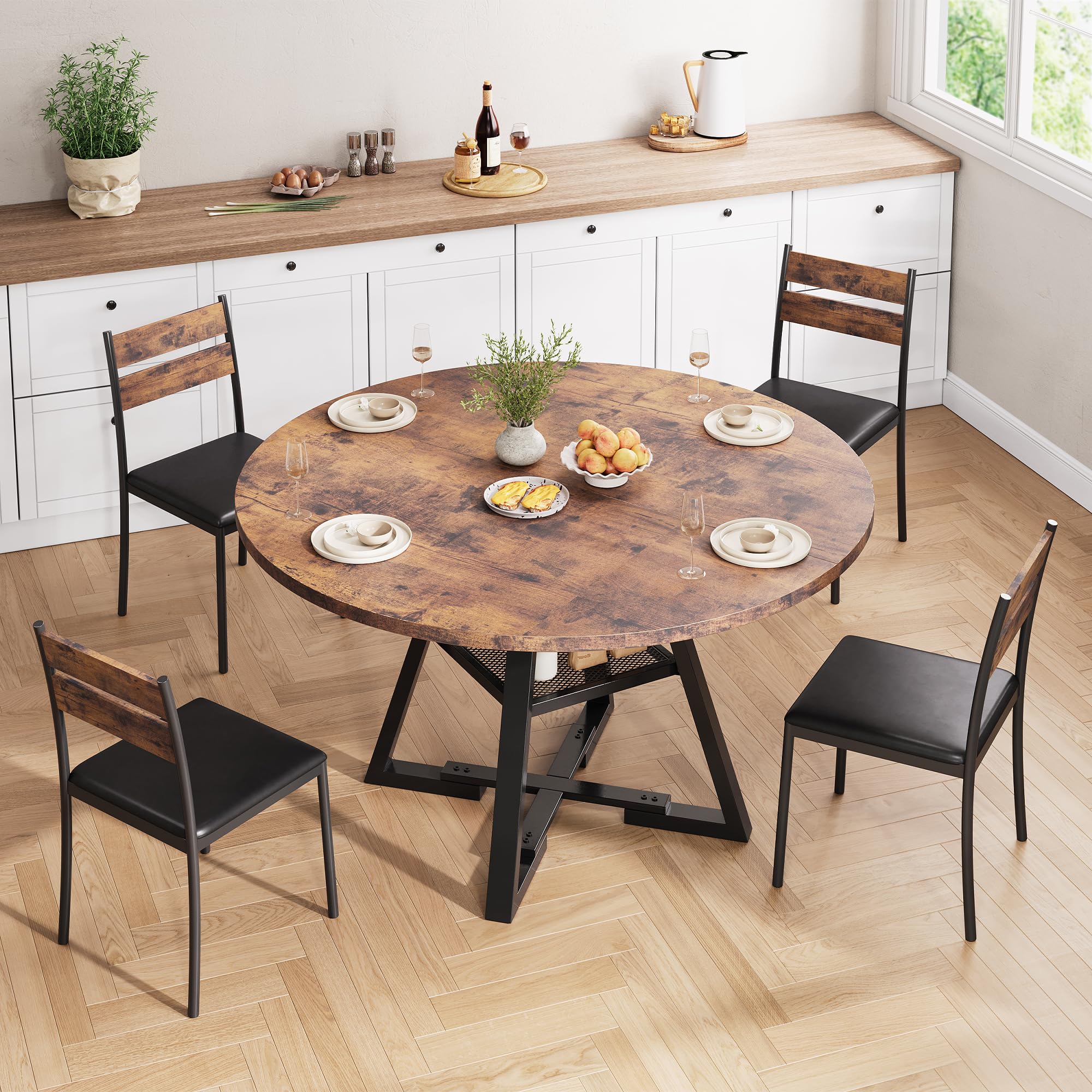 Jocoevol Round Dining Table with Shelves, Circle Kitchen Table for 4 People, Space Saving Wood Kitchen & Dining Room Furniture, Rustic Brown, 47 inch (Only Table) — image 1