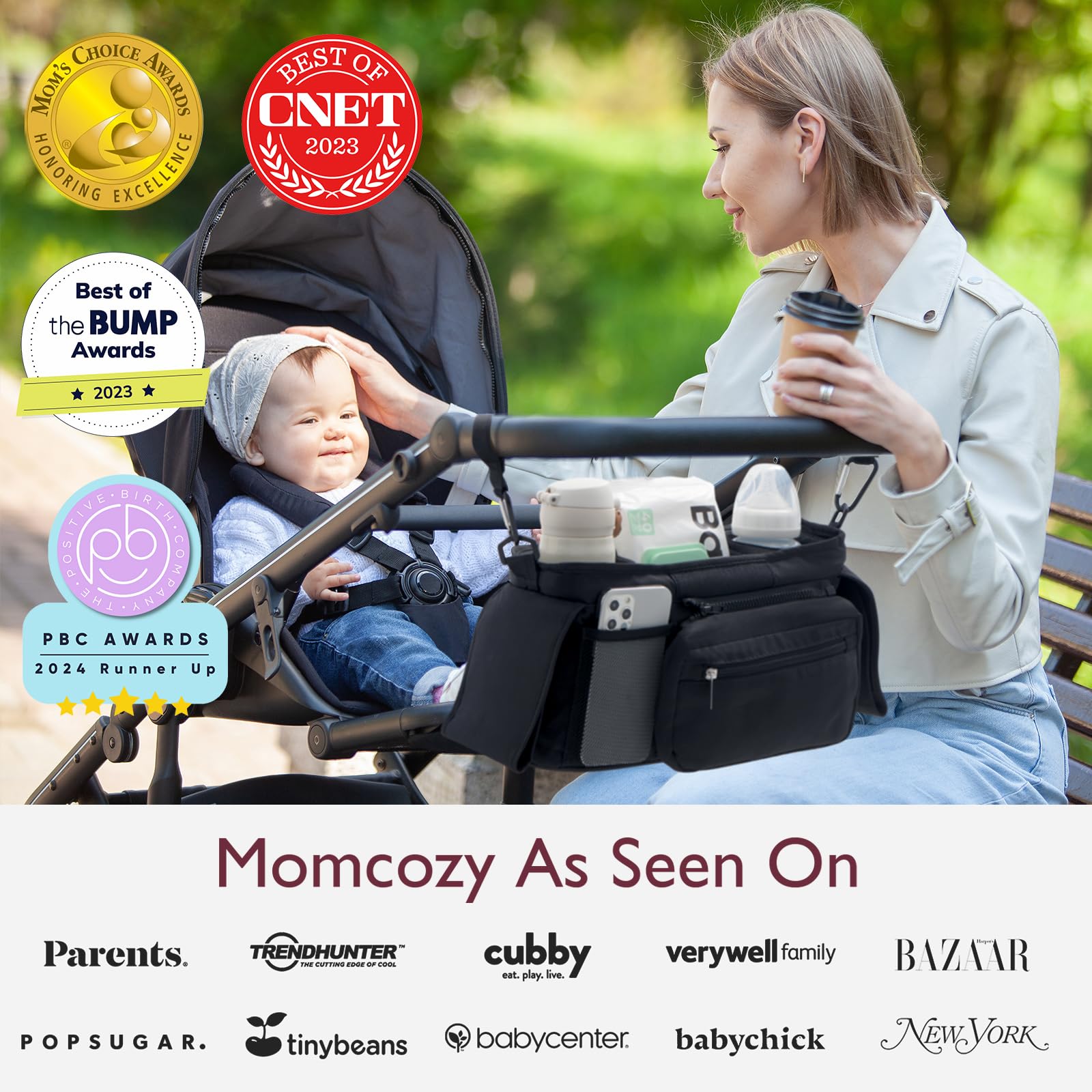 Momcozy Organisateur de Poussette avec 2 Porte-Gobelets Isolés, Sac de Rangement Universel Noir