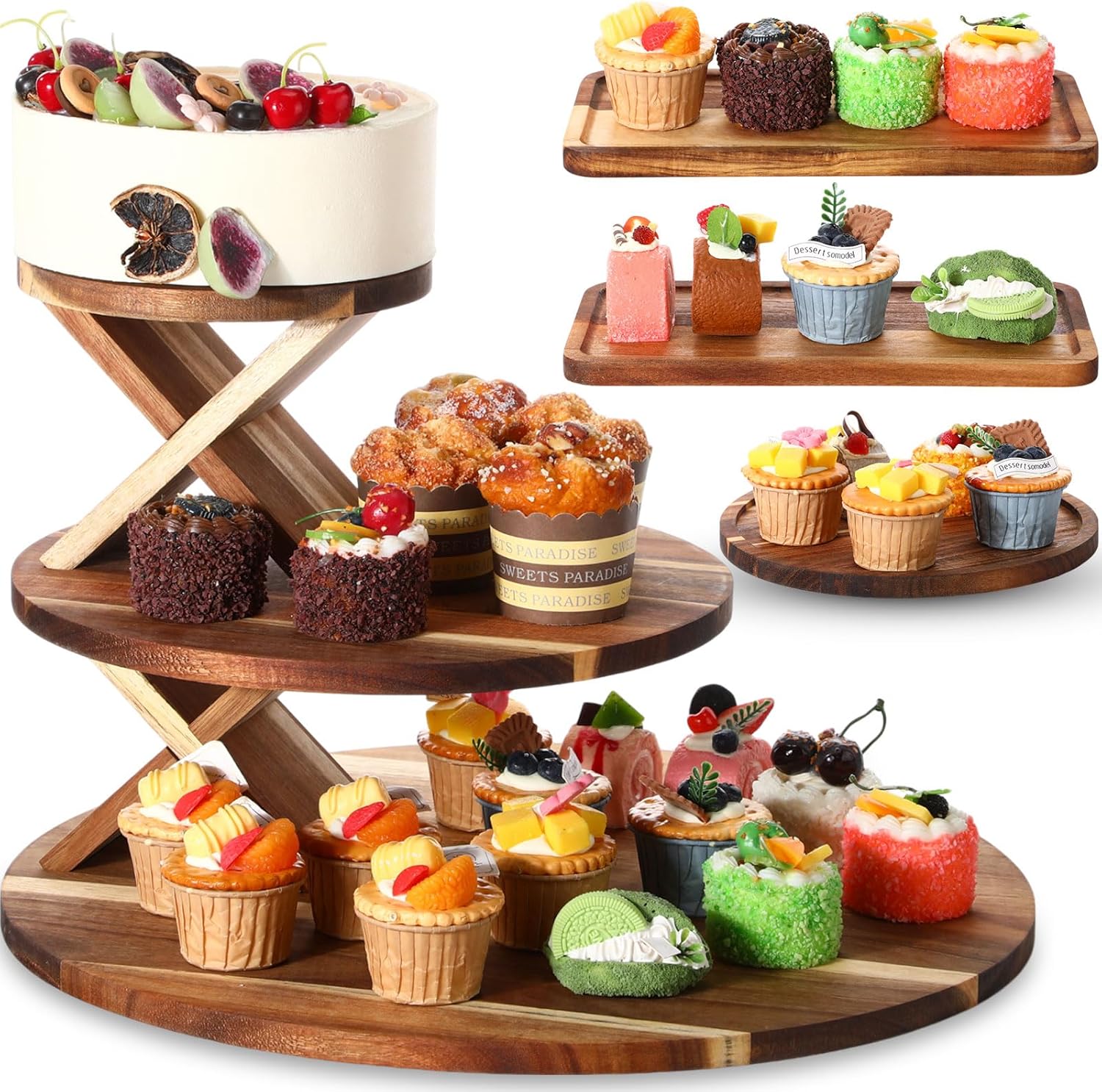4 Pcs Large Cupcake Stand and Wood Serving Platters Set, 3 Tier Round Wooden Cupcake Tower Stand 1 Round Tray 2 Rectangular Wooden Serving Tray for Wedding Birthday Party Dessert Display