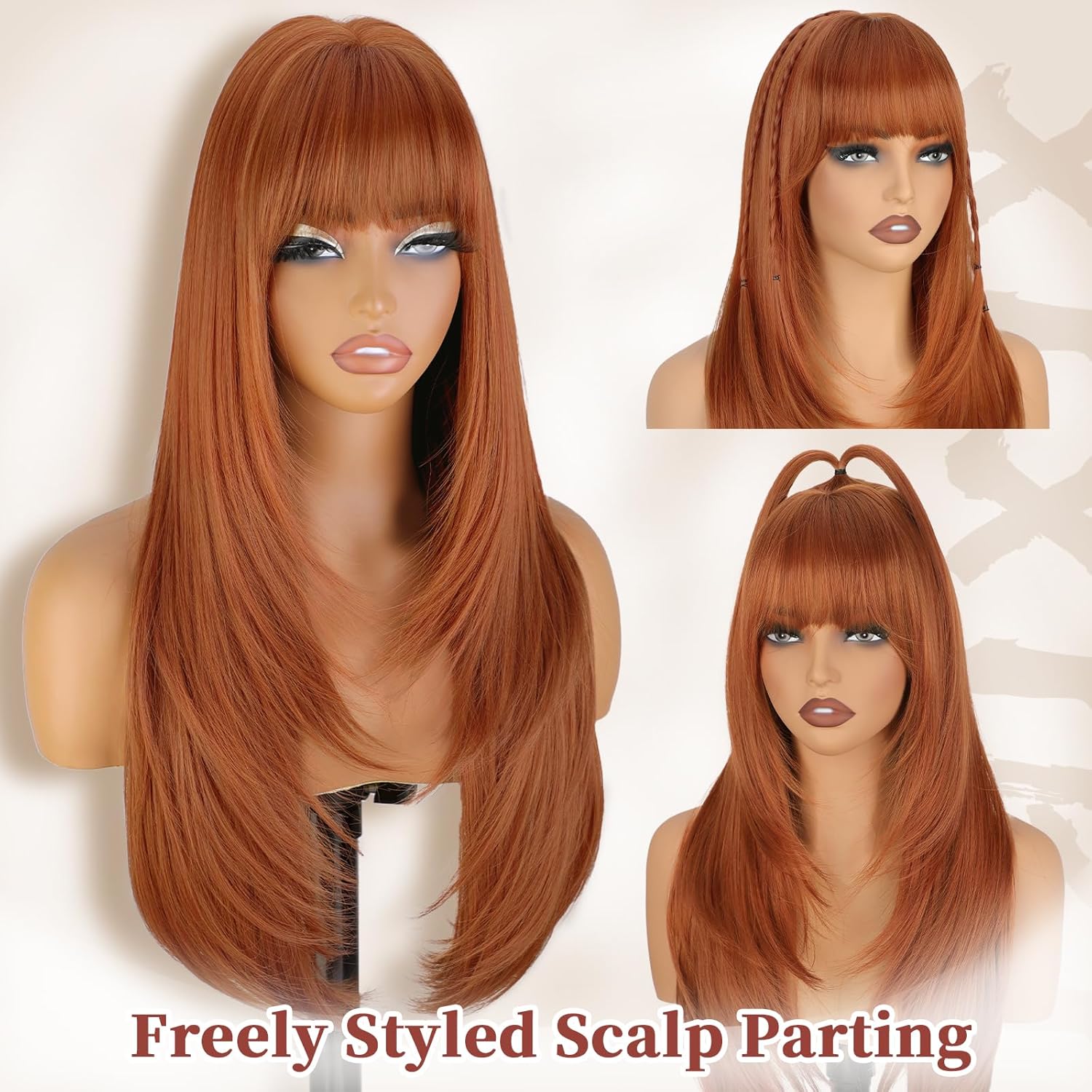 Ginger Wig with Bangs for Women,4x4 Realistic Scalp,Free Parting,Long Layered Wigs Realistic Synthetic Fiber Heat Resistant Natural Bangs for Daily Party Cosplay Use 26Inch