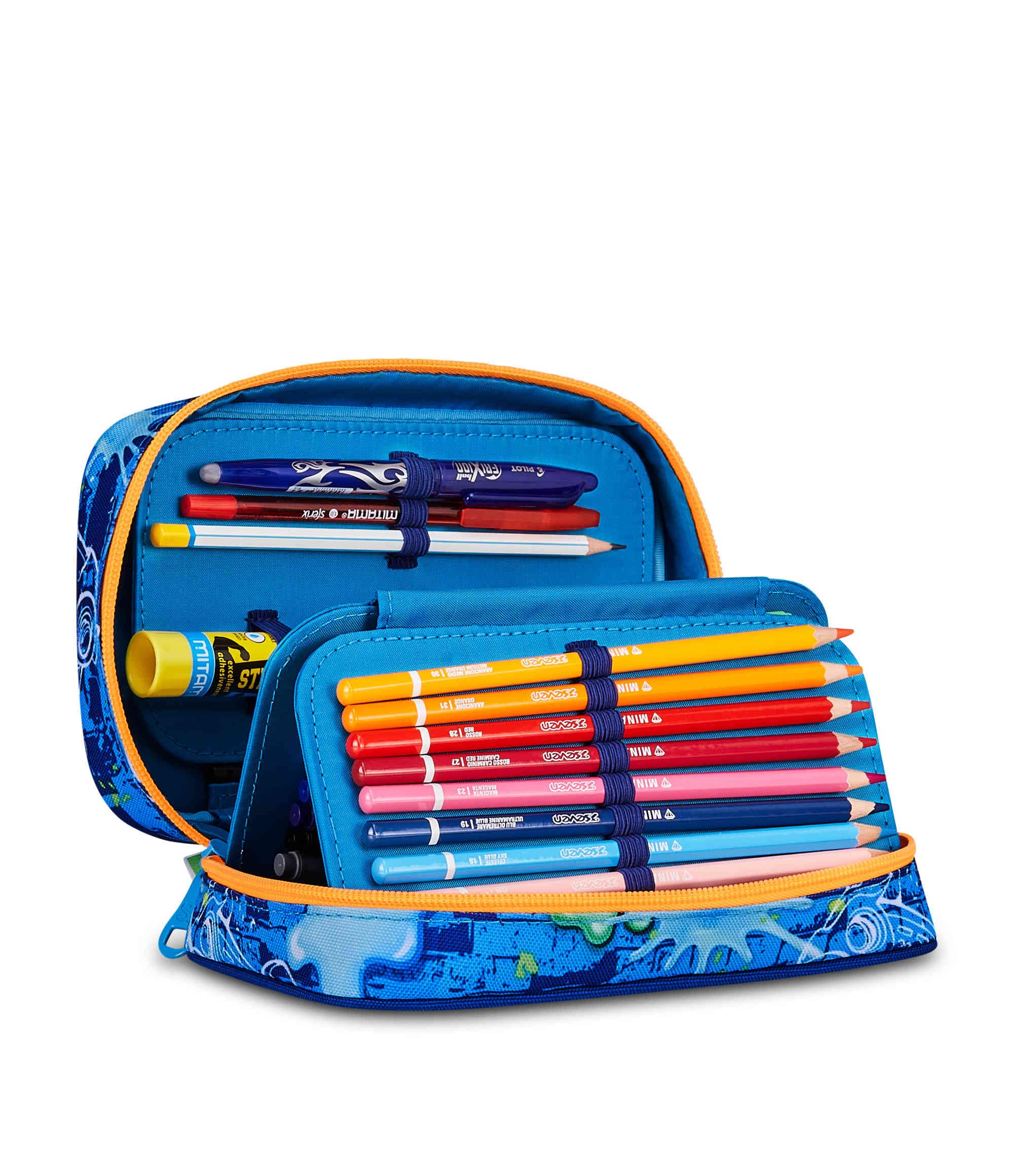 SJ GANG STYLE JAM GANG Astuccio Scuola Speed Case JOYFUL PINS BOY, Blu, Portapenne Monoscomparto con Planche Amovibili, Attrezzato, 44 pezzi, Accessori Zaino, Scuola elementare, Bambino
