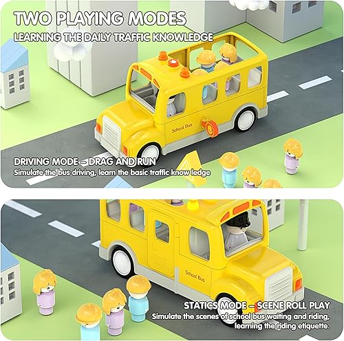Miniatura 6 de Veslier Juguetes de autobús escolar con 5 figuras de juego para niños pequeños, juguete de automóvil para niños con luces y sonidos, camión con