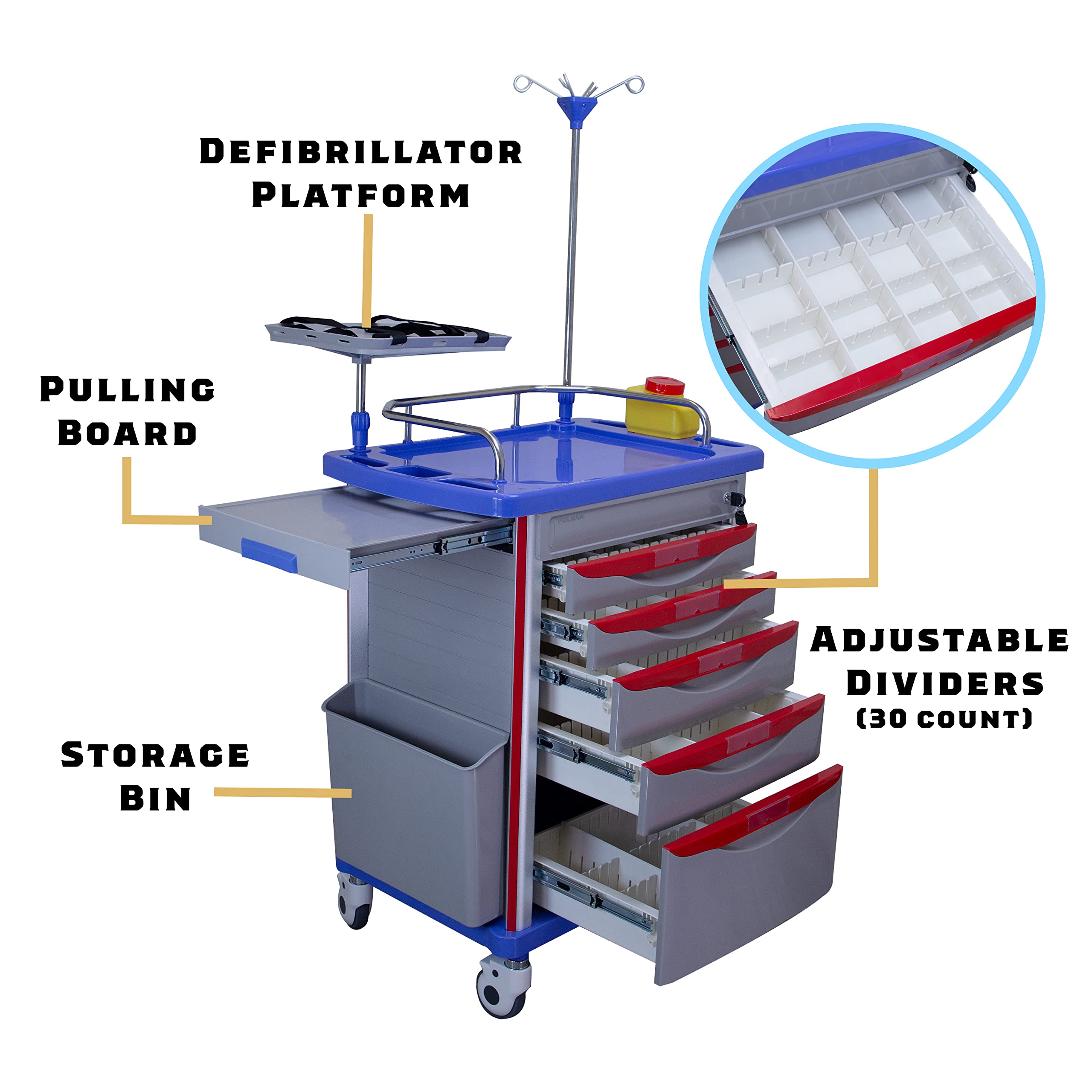Medical Crash Cart with Emergency Accessory Cardiac Board, IV Pole
