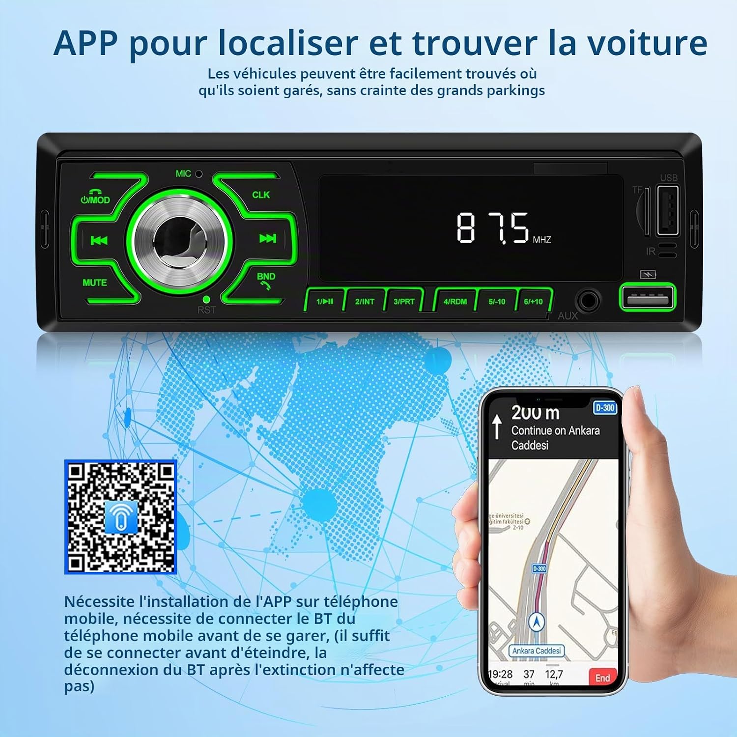 NHOPEEW 1 Din Bluetooth Car Radio with a smartphone displaying the car location app.
