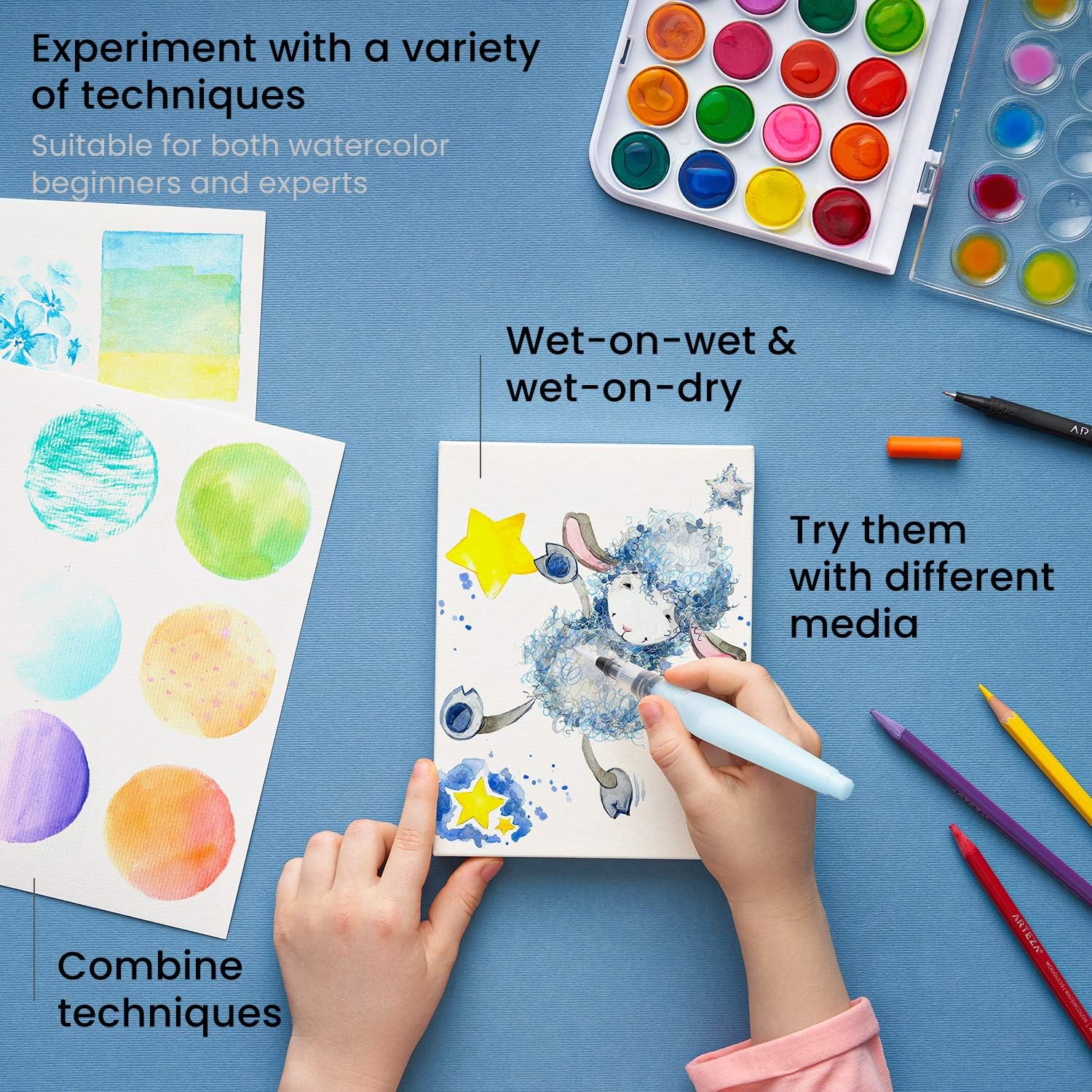 Arteza Kids Watercolor Painting Art Set, Watercolor Paint 36 and Foldable Canvas Paper Bundle, DIY Painting Kit, Art Supplies for Kids and Adults