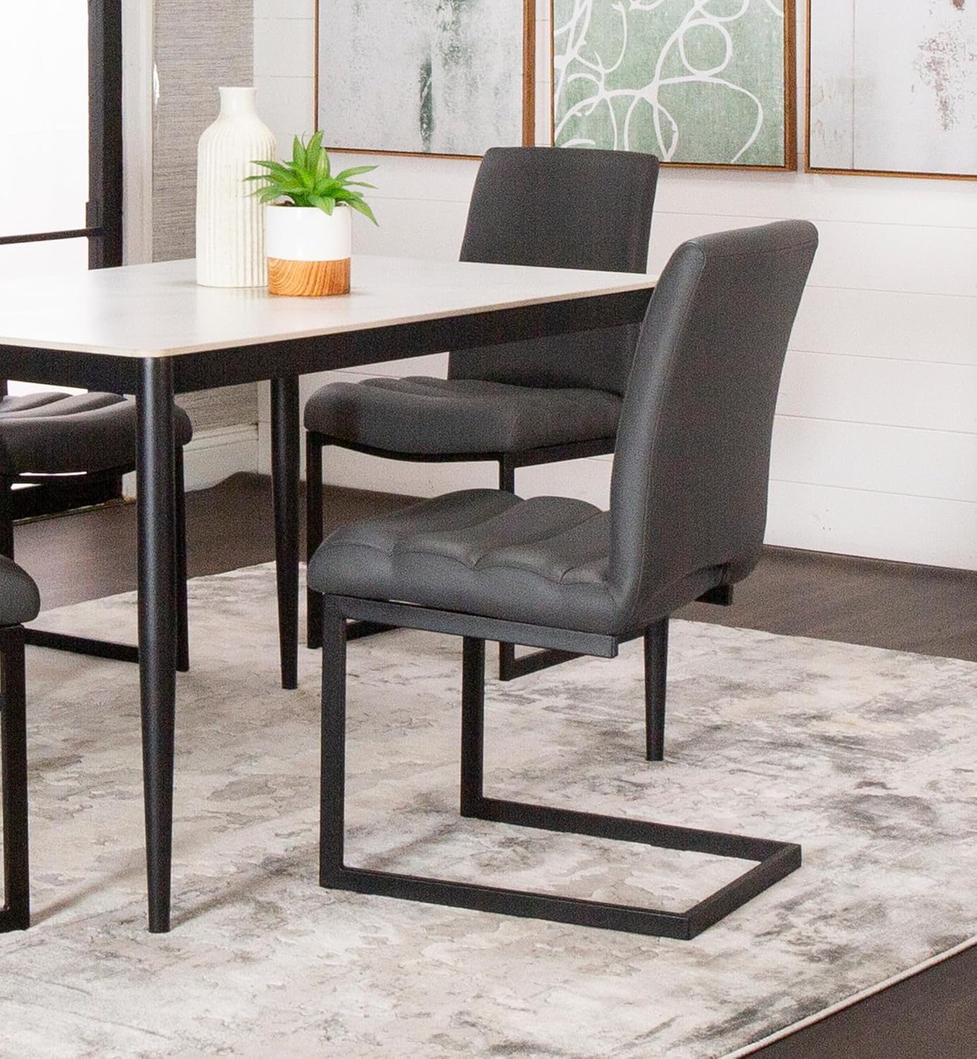 Rhea Charcoal Gray Faux Leather Dining Chairs | Set of 2 | S-Shaped Matte Powder-Coated Cantilever Base with Rippled Padded Seat and High Back | Contemporary, Modern Kitchen Accent Sidechairs