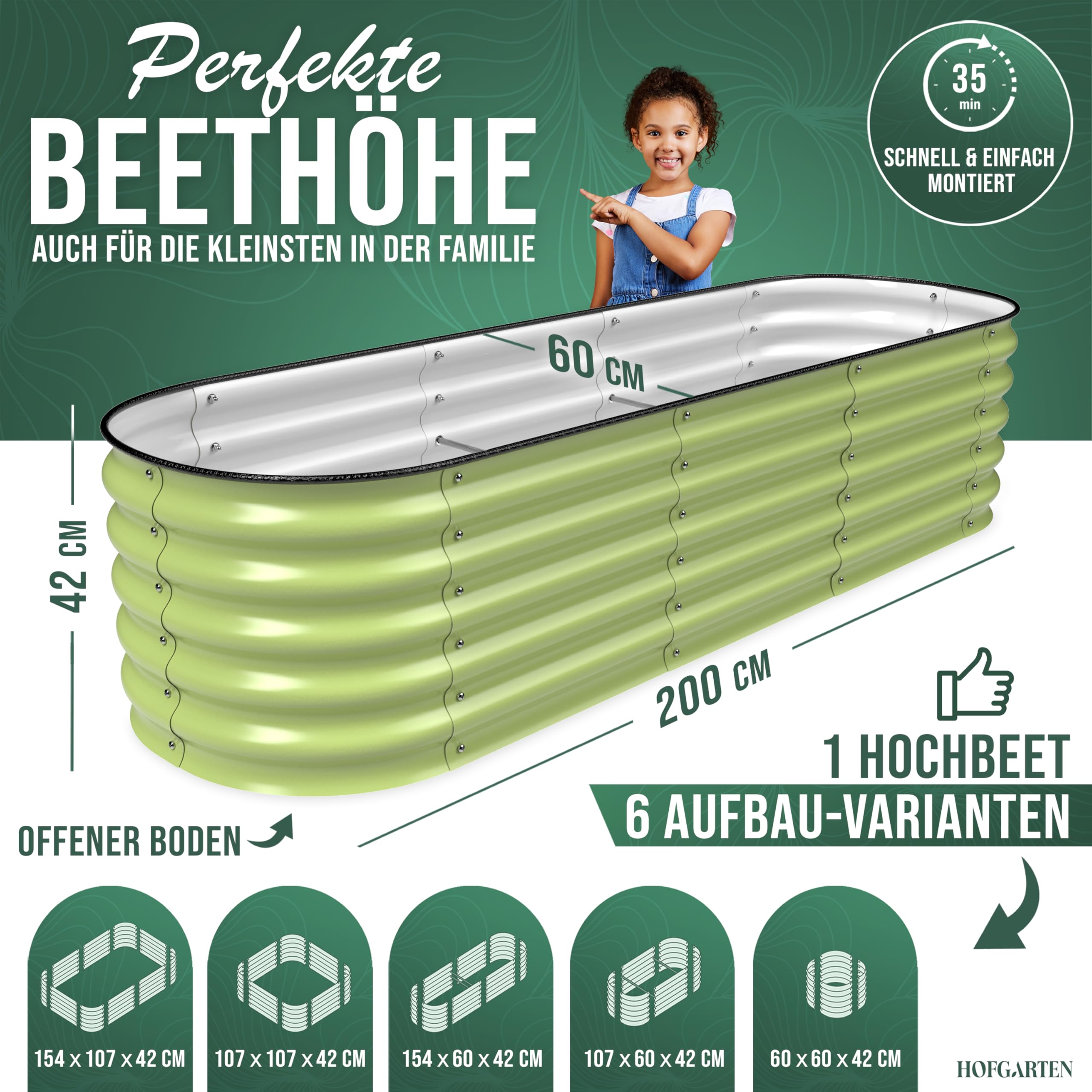 HOFGARTEN Hochbeet Metall 200x60x42 cm - Hochwertiges Gartenbeet aus Zn-Al-Mg Stahl - wetterfest & rostgeschützt - Modularer 6-in-1 Bausatz QuickGrow (Salbei)