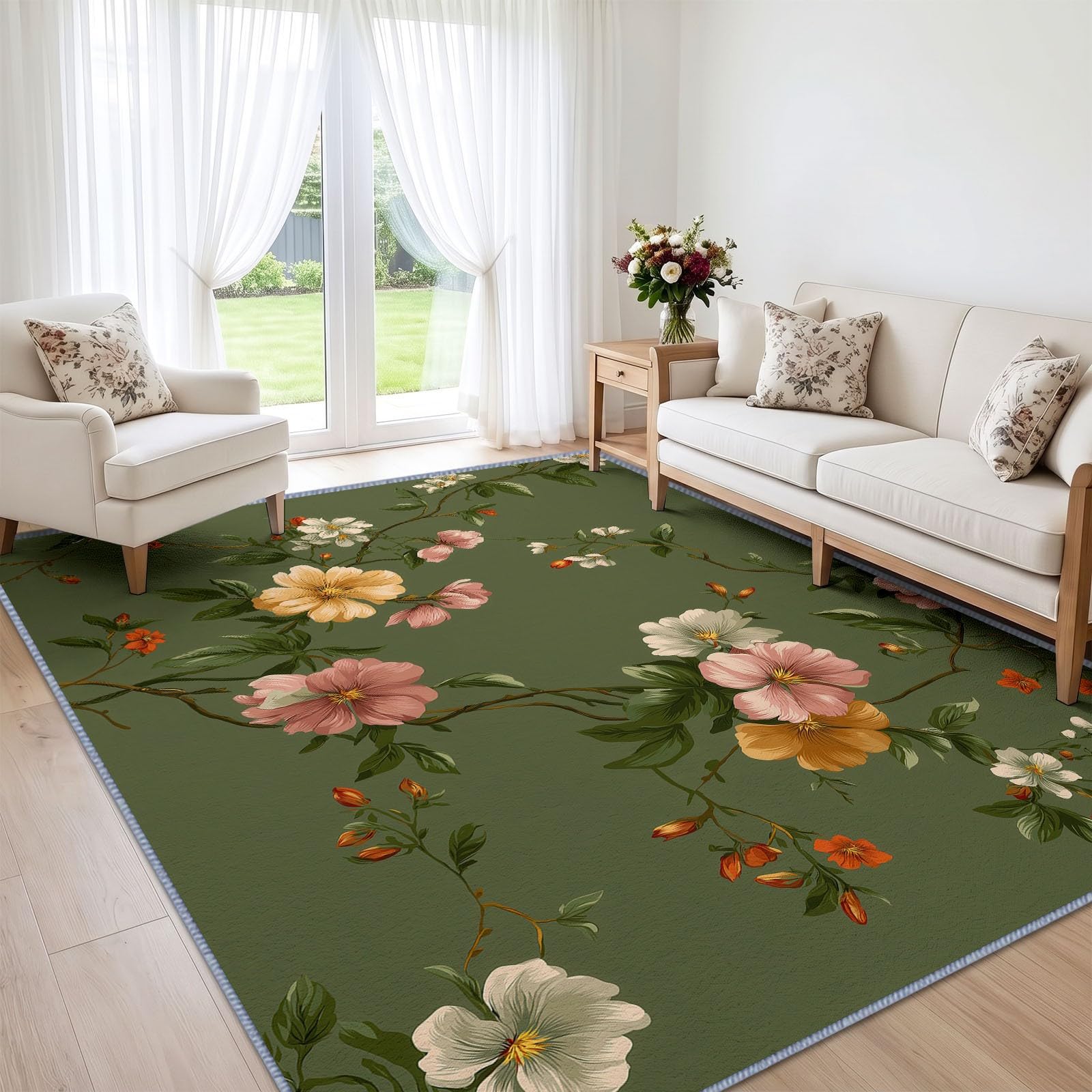 Générique Fleur Feuille Vert Foncé Tapis Salon 140x200 cm Lavable en Machine, Bohème Rétro Pastoral Tapis AntidéRapant Doux Poil Ras, pour Salon, Chambre et Salle à Manger