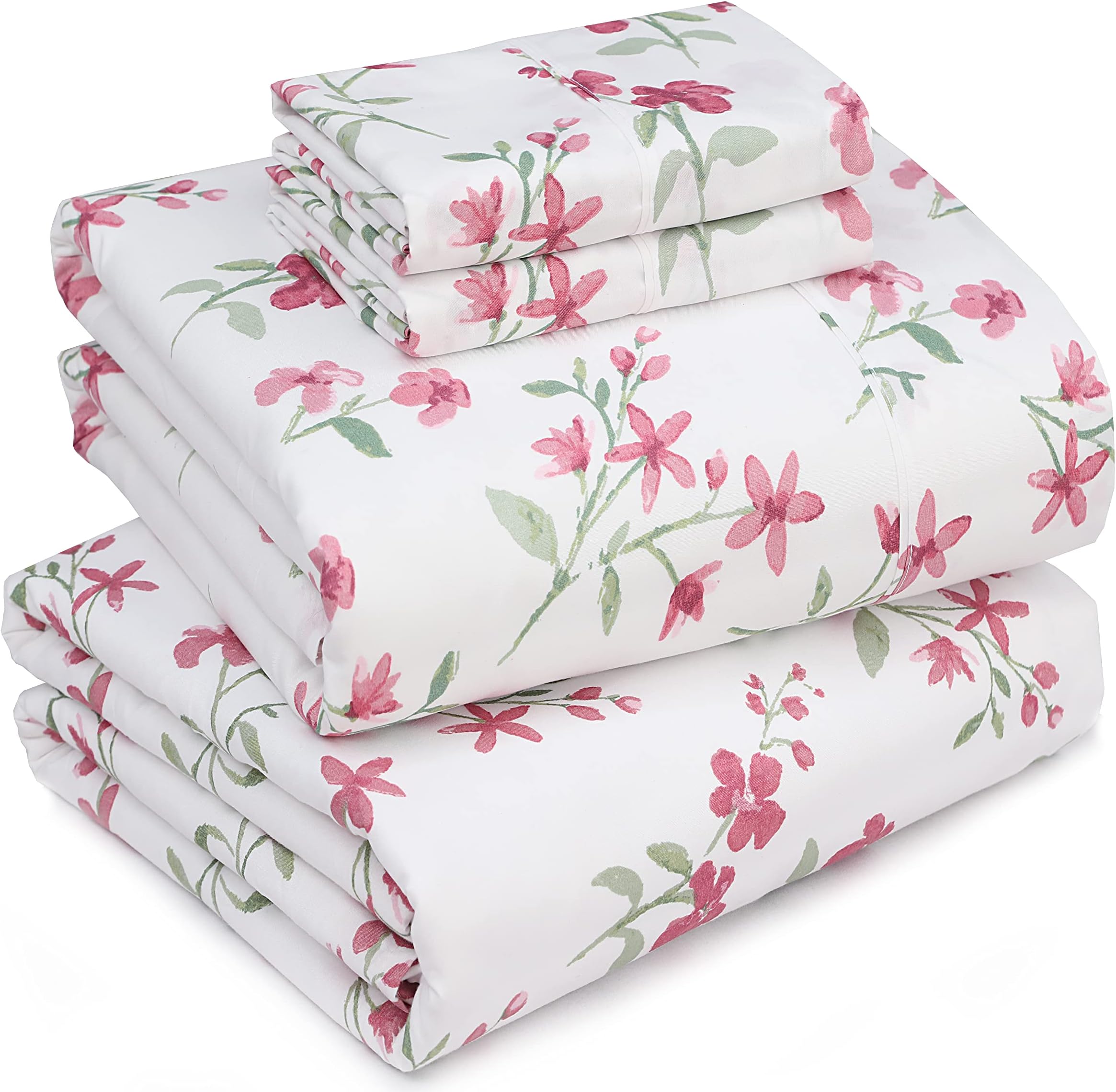 RUVANTI King Size Sheets Set, Brushed Microfiber Sheets 4 Pieces (1 Fitted Sheet, 1 Flat Sheet, 2 Pillowcases), with 15-inch Deep Pockets, Lightweight & Compfy Premium Hotel Bedding, Pink Memories