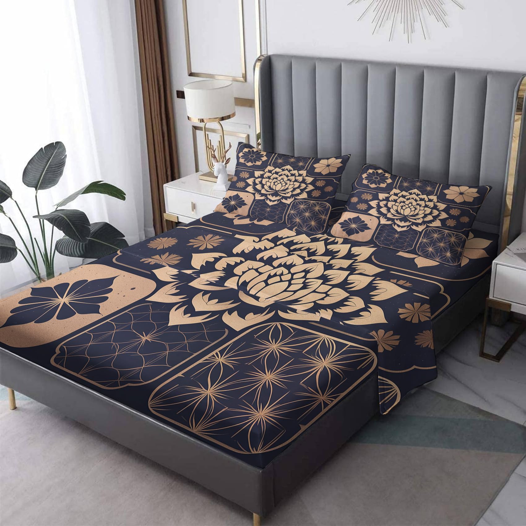 Zvynqour Mandala Bohemia Bed Sheets King Size - Lotus Flower Sheet Set - Deep Pocket Fitted Sheets & Flat Sheet & Pillowcases 4 Piece - Vintage Bedding & Decor - Soft Brushed Microfibe