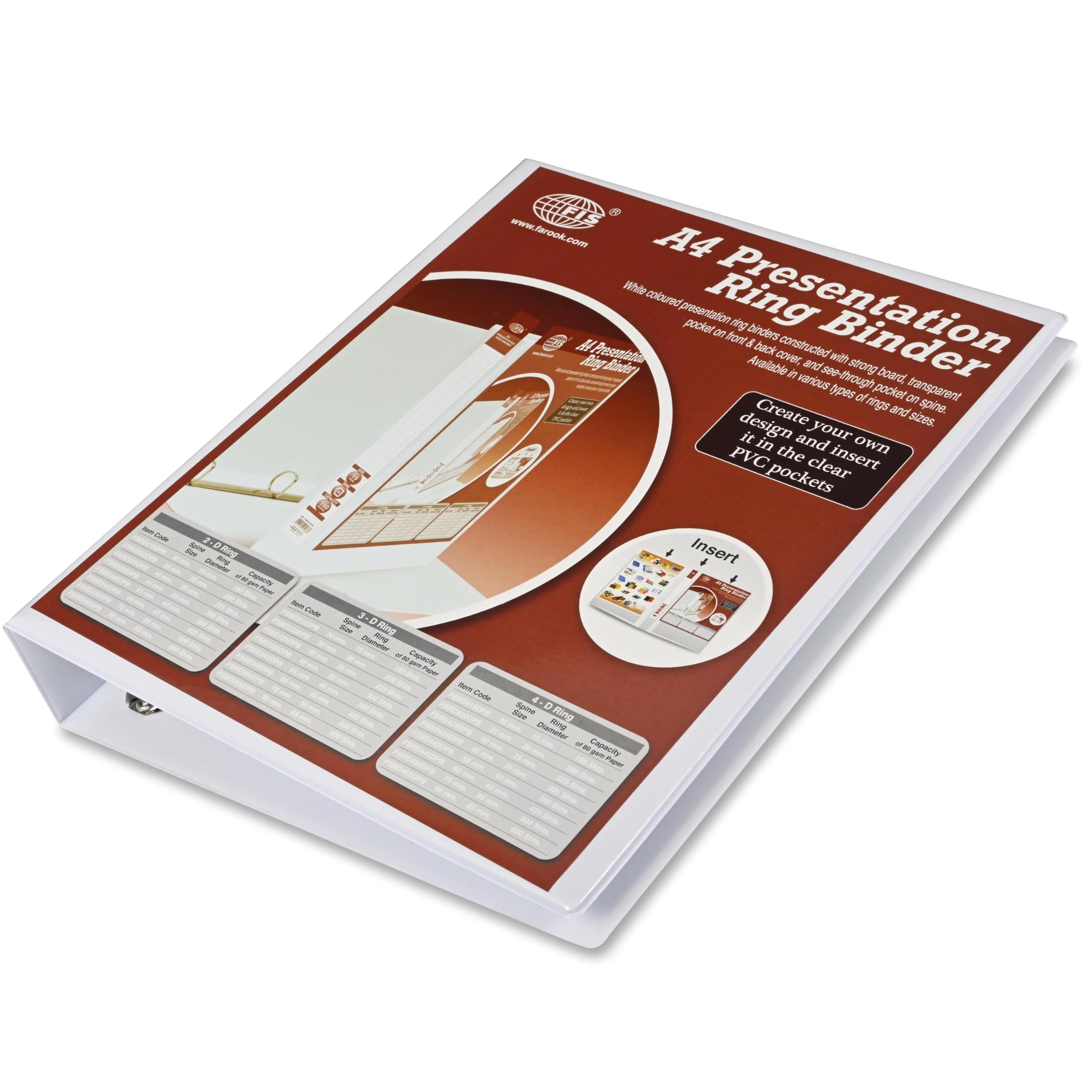 FIS® Presentation Binder, A4 Size(210x297mm), 3[D]Ring Type, 35mm Ring Size, 1.75" Inches Spine with Clear PVC Pocket For Easy Insert Your Label Design, 1 Piece, White Color-FSBD335DPB