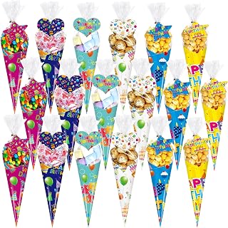 Pasimy 36 Sets Birthday Treat Bags Bulk Colorful Cone Shaped Cellophane Bags with Happy Birthday DIY Tags Twist Ties for Cookie Popcorn Candy Snack Gifts Wrapping Party Favors Supplies, 7 x 15 Inch