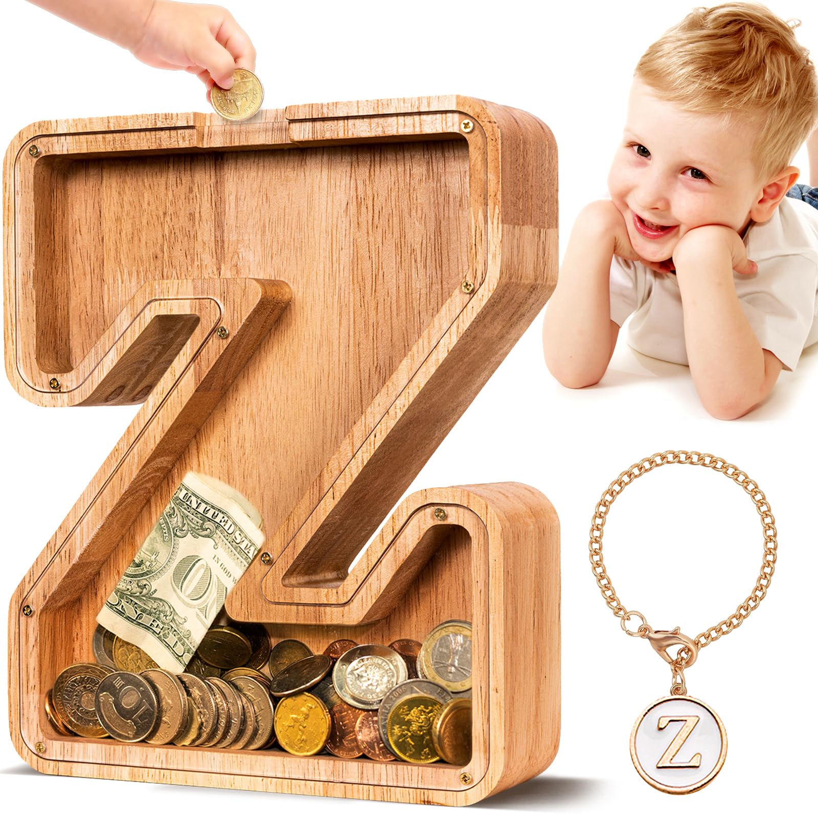 Summidate Spardose für Kinder Junge, Personalisiert Holz Großes Sparschwein, Unzerbrechliches Buchstabe A-Z Sparbüchse für Kinder Mädchen, Erwachsene, Geschenk&Dekoration