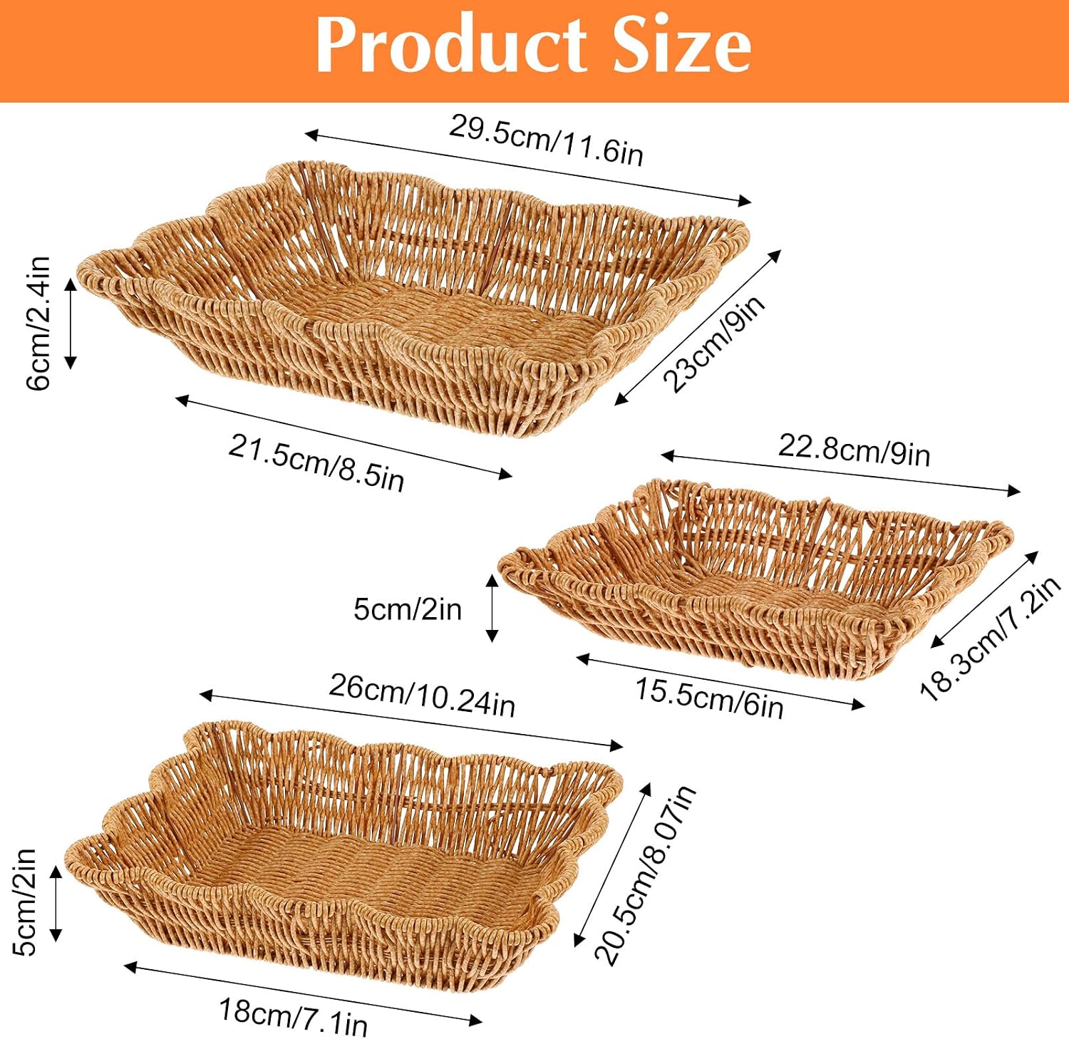 3 Pack Poly Wicker Bread Baskets, Rectangular Woven Serving Baskets, Imitation Rattan Basket Nested Wicker Basket Trays for Serving Restaurant Hotel Kitchen Fruit Snack Food Storage, Light Brown