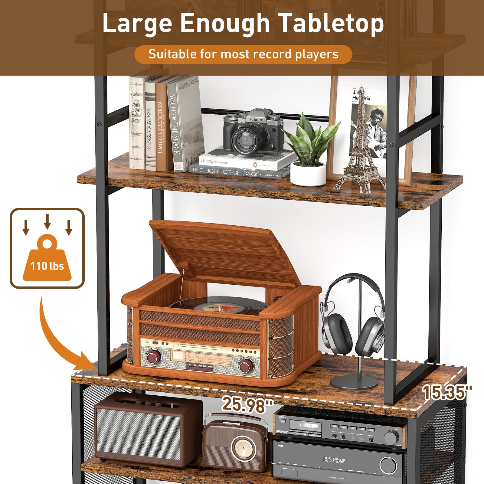 5 Etagen Plattenspieler-Ständer, Vintage Beistelltisch Plattenspieler Regal mit Schallplattenaufbewahrung Groß Vinyl Schallplattenständer Vinyl Holder Fasst 400+ Alben für Wohnzimmer Schlafzimmer Büro