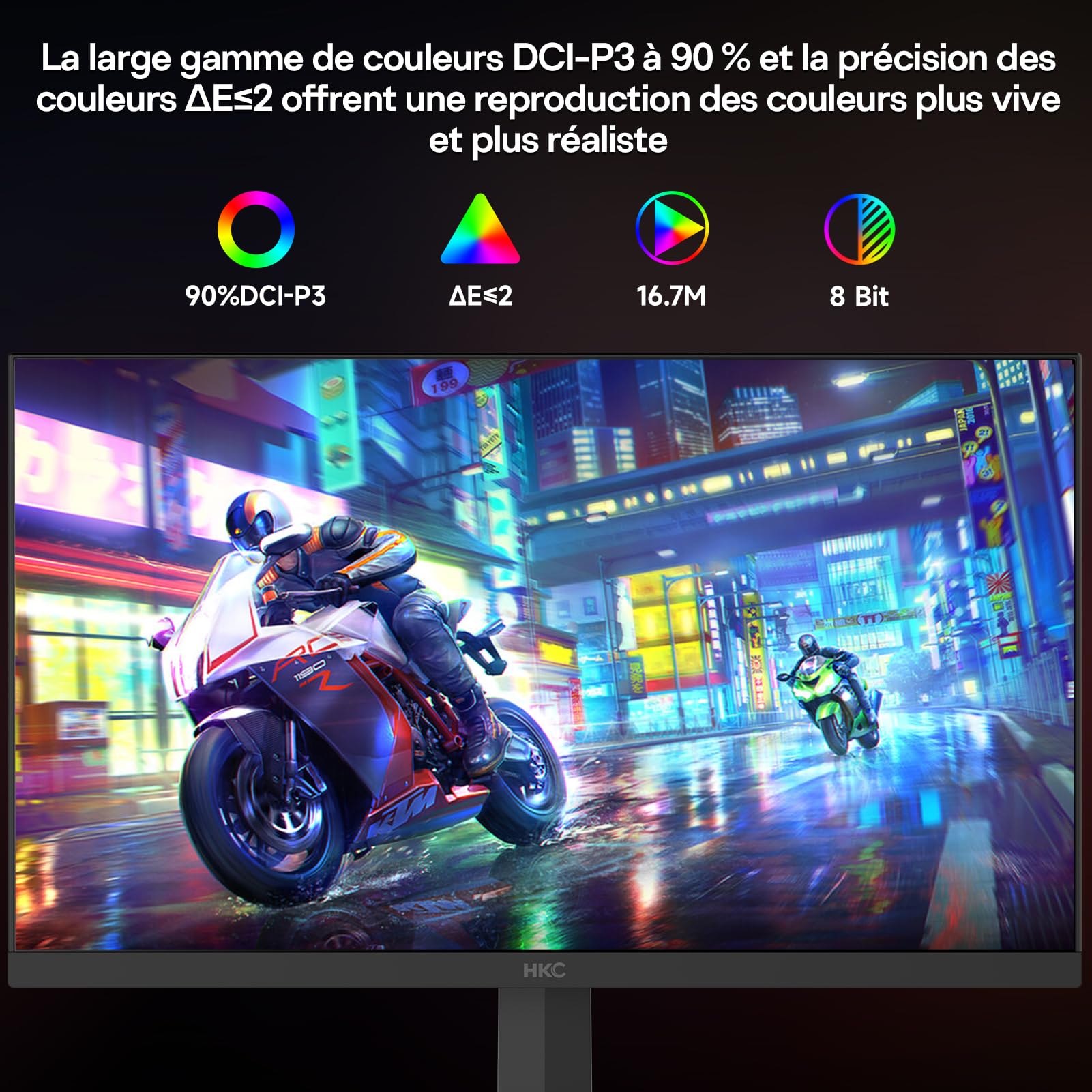 HKC 24-calowy monitor gier, Full HD (1920 × 1080), 240 Hz Fast IPS, 1ms, HDR400, 90% DCI-P3, do 260 Hz z możliwością podkręcenia, VESA 100 × 100, filtr niebieskiego światła, HDMI 2.0 i DisplayPort 1.4