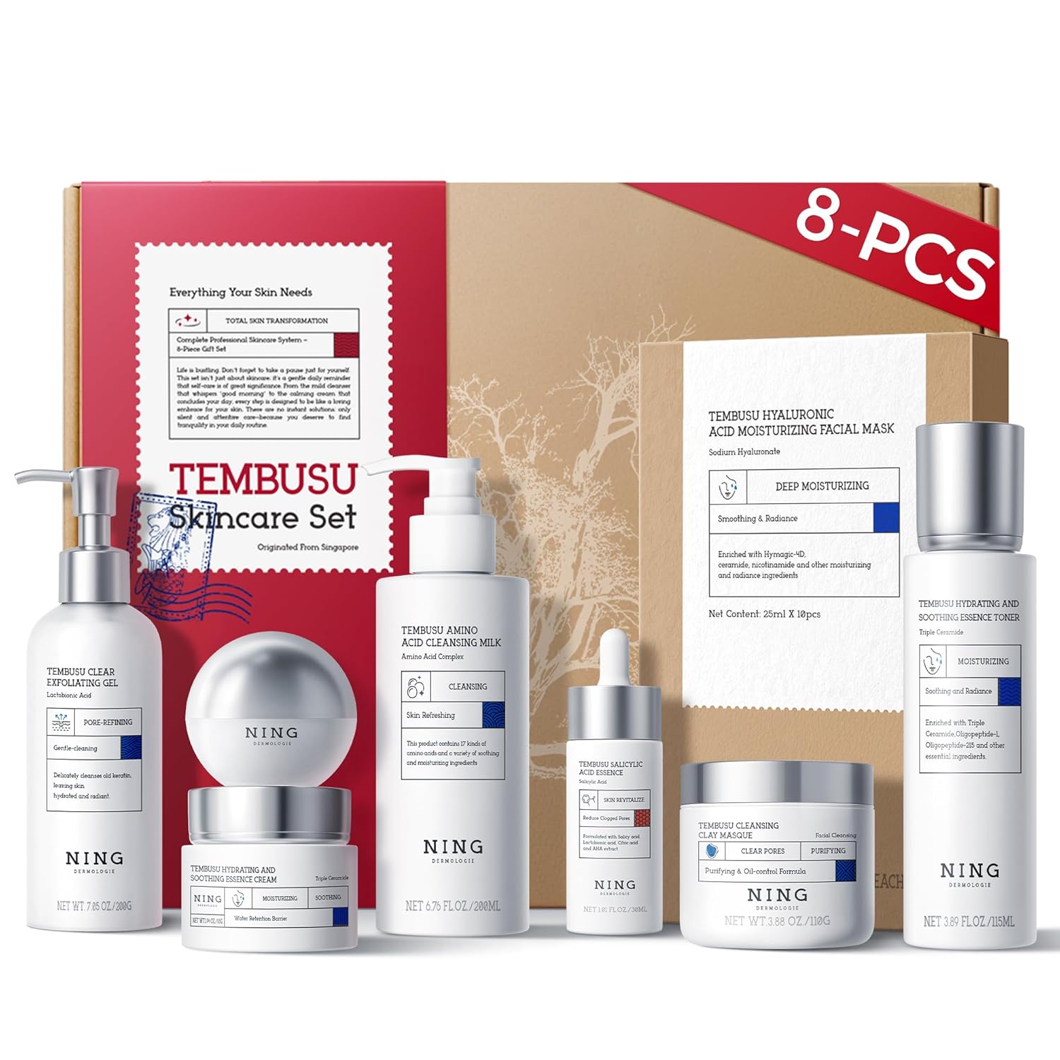 Skin Care Set – Tembusu Essence 8-Step Routine with Amino Cleanser Clay Mask Toner Salicylic Acid Serum Cream Eye Treatment – Hydrating Moisturizing Anti-Aging All Skin Types